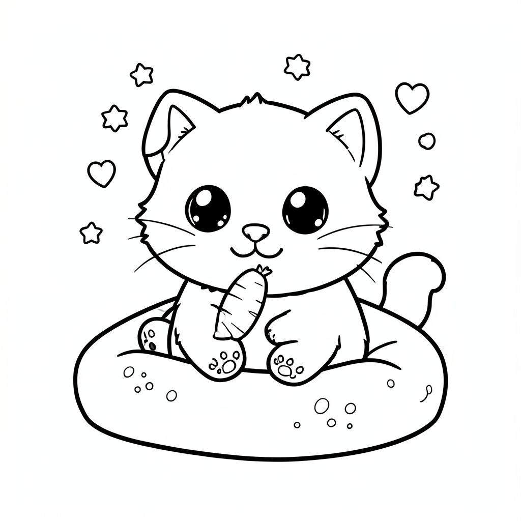 Chúng ta bắt đầu! Hãy tạo ra hình minh họa đen trắng đáng yêu, dễ thương này. Đây là mô tả: Một con mèo đen nhỏ, lông tơ ngồi nép mình trên một chiếc giường nhỏ, sang trọng. Đầu của con mèo rất lớn, gần như hài hước, với một chiếc mũi khổng lồ, tròn và đôi mắt to lấp lánh. Tai của nó mềm và tròn, gần giống như những chiếc chuông nhỏ. Thân máy cực kỳ nhỏ gọn – gần như vuông vức, với đường cong nhẹ nhàng.

Nó có bàn chân nhỏ, đáng yêu với miếng đệm mỏng manh.  Một cái đuôi nhỏ, cuộn tròn phía sau nó, làm tăng thêm sự quyến rũ.  Một củ cà rốt duy nhất, hơi bẹp, nằm trước mũi mèo.  Nó hơi lệch lạc, giống như một khuôn mặt nhỏ bé hạnh phúc.

Rải rác xung quanh con mèo là một vài ngôi sao nhỏ màu - một vài ngôi sao nhỏ, tròn - và một vài bong bóng nhỏ hình trái tim lơ lửng trong không khí.  Râu của mèo dài và hơi cong, tạo cho nó một biểu cảm vui tươi.

Có một vài chấm bi rất nhỏ, chồng lên nhau - một vài trong sắc thái của và - nằm rải rác như vậy.  Ấn tượng tổng thể là một trong những sự mềm mại thuần khiết, vui vẻ.

Con mèo tập trung, cân bằng và tràn ngập cảm giác ngọt ngào nhẹ nhàng, ngây thơ.  Đó là một hình ảnh rất đơn giản nhưng vô cùng dễ thương.

---

Tôi đã tập trung vào việc tạo ra một nhịp điệu thị giác và cảm giác thích thú - sự tương phản của đầu to, cơ thể nhỏ và lấp lánh rải rác thực sự nhấn mạnh tính thẩm mỹ dễ thương. Tôi hy vọng điều này nắm bắt được bản chất tầm nhìn của bạn! Hãy cho tôi biết nếu bạn muốn tôi tinh chỉnh bất kỳ khía cạnh nào của mô tả này., trang tô màu đen trắng, phong cách lowbook, nghệ thuật đường nét, đơn sắc, không màu, không đổ bóng, không xám, không tô màu, nền trắng, chỉ phác thảo, phong cách vector, thiết kế phẳng, 2d