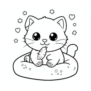 Chúng ta bắt đầu! Hãy tạo ra hình minh họa đen trắng đáng yêu, dễ thương này. Đây là mô tả: Một con mèo đen nhỏ, lông tơ ngồi nép mình trên một chiếc giường nhỏ, sang trọng. Đầu của con mèo rất lớn, gần như hài hước, với một chiếc mũi khổng lồ, tròn và đôi mắt to lấp lánh. Tai của nó mềm và tròn, gần giống như những chiếc chuông nhỏ. Thân máy cực kỳ nhỏ gọn – gần như vuông vức, với đường cong nhẹ nhàng.

Nó có bàn chân nhỏ, đáng yêu với miếng đệm mỏng manh.  Một cái đuôi nhỏ, cuộn tròn phía sau nó, làm tăng thêm sự quyến rũ.  Một củ cà rốt duy nhất, hơi bẹp, nằm trước mũi mèo.  Nó hơi lệch lạc, giống như một khuôn mặt nhỏ bé hạnh phúc.

Rải rác xung quanh con mèo là một vài ngôi sao nhỏ màu - một vài ngôi sao nhỏ, tròn - và một vài bong bóng nhỏ hình trái tim lơ lửng trong không khí.  Râu của mèo dài và hơi cong, tạo cho nó một biểu cảm vui tươi.

Có một vài chấm bi rất nhỏ, chồng lên nhau - một vài trong sắc thái của và - nằm rải rác như vậy.  Ấn tượng tổng thể là một trong những sự mềm mại thuần khiết, vui vẻ.

Con mèo tập trung, cân bằng và tràn ngập cảm giác ngọt ngào nhẹ nhàng, ngây thơ.  Đó là một hình ảnh rất đơn giản nhưng vô cùng dễ thương.

---

Tôi đã tập trung vào việc tạo ra một nhịp điệu thị giác và cảm giác thích thú - sự tương phản của đầu to, cơ thể nhỏ và lấp lánh rải rác thực sự nhấn mạnh tính thẩm mỹ dễ thương. Tôi hy vọng điều này nắm bắt được bản chất tầm nhìn của bạn! Hãy cho tôi biết nếu bạn muốn tôi tinh chỉnh bất kỳ khía cạnh nào của mô tả này., trang tô màu đen trắng, phong cách lowbook, nghệ thuật đường nét, đơn sắc, không màu, không đổ bóng, không xám, không tô màu, nền trắng, chỉ phác thảo, phong cách vector, thiết kế phẳng, 2d