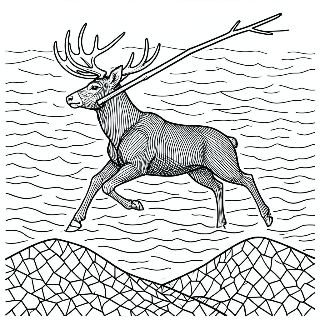 Chúng ta hãy bắt đầu.  Đối tượng, một con hươu, chiếm ưu thế ở trung tâm. Đó không phải là một tư thế tĩnh, mà là một hình bóng năng động, uyển chuyển, được ghi lại trong khoảnh khắc chuyển động. Hãy tưởng tượng góc của vai, bù đắp một cách tinh tế, như thể nó sắp phóng về phía trước.  Hậu cảnh là một vùng nước rộng lớn, gợn sóng, được hiển thị trong một gradient tinh tế, gần như không thể nhận thấy. Không phải là một sự chuyển tiếp mượt mà, mà là một loạt các đường đứt gãy, chồng lên nhau, gợi ý sự chuyển động vô tận của thủy triều. Hãy nghĩ về những gợn sóng trên một cái hồ, nhưng lớn hơn vô hạn.  Hình dạng của con hươu bao gồm sự tương tác phức tạp của các đường thẳng đứng, dày đặc. Đây không phải là những nét vẽ đơn giản; Chúng đan xen, nhiều lớp và góc cạnh tinh tế, tạo cảm giác chiều sâu và sự suy thoái. Bản thân các đường nét dày - gần như điêu khắc - thiết lập một sự hiện diện mạnh mẽ, xúc giác.  Bản thân nước không phải là một khối rắn. Nó bao gồm vô số đoạn đường cực kỳ nhỏ, gần như đen cong và đan xen như những con sóng đóng băng thu nhỏ. Mỗi con sóng có một cạnh tinh tế, hơi nhô lên. Các đường sẽ kết hợp lại thành một cảm giác chiều sâu, gợi ý về một phong cảnh vượt xa tầm nhìn ngay lập tức của con hươu.  Bên dưới con hươu, một dãy núi nhỏ, cách điệu được xây dựng bằng cách sử dụng một mô hình dày đặc tương tự của các đường màu đen. Những dãy núi này không được xác định rõ ràng; Chúng bị phân mảnh, gần như đa giác, tạo cảm giác xói mòn và biến đổi liên tục. Chúng được sắp xếp theo một đường cong nông, quét qua, vang vọng đường cong của mặt nước.  Một đường dài, duy nhất, đại diện cho một cành cây rụng, cắt chéo trên đỉnh đầu của con hươu. Đó không phải là một đường đơn giản; đó là một nét vẽ táo bạo, rõ ràng phân chia bề mặt, gợi ý một khoảnh khắc tĩnh lặng trước hành động.  Bố cục tổng thể được cân bằng, với con hươu được đặt hơi lệch tâm, thu hút ánh nhìn của người xem. Có một sự thiếu hụt không gian trống có chủ ý, các đường nét hấp dẫn và mở rộng ra ngoài, tạo ra cảm giác chứa đựng năng lượng. Một đường cong tinh tế, hướng lên trên, gợi ý một chút nghiêng đầu của hươu đực, càng nhấn mạnh sự năng động. Toàn bộ hình ảnh giống như một khoảnh khắc mạnh mẽ, được chứa đựng.  Tập trung vào chuyển động. Các đường nét không chỉ là con hươu; chúng là con hươu. Hãy nghĩ về một lần rửa màu nước, nhưng với một sự nhấn mạnh có chủ ý vào các đường nét sắc nét, chính xác. Hãy để các đường thở, để chúng rung động. Hãy để nền trắng cung cấp một bức tranh rõ ràng, kiên cường cho câu chuyện phức tạp, theo chiều dọc này. Hãy để các đường màu đen nói lên nhiều điều., trang tô màu đen trắng, phong cách lowbook, nghệ thuật đường nét, đơn sắc, không màu, không bóng, không xám, không tô màu, nền trắng, chỉ phác thảo, kiểu vector, thiết kế phẳng, 2d