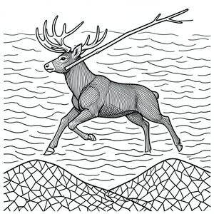 Chúng ta hãy bắt đầu.  Đối tượng, một con hươu, chiếm ưu thế ở trung tâm. Đó không phải là một tư thế tĩnh, mà là một hình bóng năng động, uyển chuyển, được ghi lại trong khoảnh khắc chuyển động. Hãy tưởng tượng góc của vai, bù đắp một cách tinh tế, như thể nó sắp phóng về phía trước.  Hậu cảnh là một vùng nước rộng lớn, gợn sóng, được hiển thị trong một gradient tinh tế, gần như không thể nhận thấy. Không phải là một sự chuyển tiếp mượt mà, mà là một loạt các đường đứt gãy, chồng lên nhau, gợi ý sự chuyển động vô tận của thủy triều. Hãy nghĩ về những gợn sóng trên một cái hồ, nhưng lớn hơn vô hạn.  Hình dạng của con hươu bao gồm sự tương tác phức tạp của các đường thẳng đứng, dày đặc. Đây không phải là những nét vẽ đơn giản; Chúng đan xen, nhiều lớp và góc cạnh tinh tế, tạo cảm giác chiều sâu và sự suy thoái. Bản thân các đường nét dày - gần như điêu khắc - thiết lập một sự hiện diện mạnh mẽ, xúc giác.  Bản thân nước không phải là một khối rắn. Nó bao gồm vô số đoạn đường cực kỳ nhỏ, gần như đen cong và đan xen như những con sóng đóng băng thu nhỏ. Mỗi con sóng có một cạnh tinh tế, hơi nhô lên. Các đường sẽ kết hợp lại thành một cảm giác chiều sâu, gợi ý về một phong cảnh vượt xa tầm nhìn ngay lập tức của con hươu.  Bên dưới con hươu, một dãy núi nhỏ, cách điệu được xây dựng bằng cách sử dụng một mô hình dày đặc tương tự của các đường màu đen. Những dãy núi này không được xác định rõ ràng; Chúng bị phân mảnh, gần như đa giác, tạo cảm giác xói mòn và biến đổi liên tục. Chúng được sắp xếp theo một đường cong nông, quét qua, vang vọng đường cong của mặt nước.  Một đường dài, duy nhất, đại diện cho một cành cây rụng, cắt chéo trên đỉnh đầu của con hươu. Đó không phải là một đường đơn giản; đó là một nét vẽ táo bạo, rõ ràng phân chia bề mặt, gợi ý một khoảnh khắc tĩnh lặng trước hành động.  Bố cục tổng thể được cân bằng, với con hươu được đặt hơi lệch tâm, thu hút ánh nhìn của người xem. Có một sự thiếu hụt không gian trống có chủ ý, các đường nét hấp dẫn và mở rộng ra ngoài, tạo ra cảm giác chứa đựng năng lượng. Một đường cong tinh tế, hướng lên trên, gợi ý một chút nghiêng đầu của hươu đực, càng nhấn mạnh sự năng động. Toàn bộ hình ảnh giống như một khoảnh khắc mạnh mẽ, được chứa đựng.  Tập trung vào chuyển động. Các đường nét không chỉ là con hươu; chúng là con hươu. Hãy nghĩ về một lần rửa màu nước, nhưng với một sự nhấn mạnh có chủ ý vào các đường nét sắc nét, chính xác. Hãy để các đường thở, để chúng rung động. Hãy để nền trắng cung cấp một bức tranh rõ ràng, kiên cường cho câu chuyện phức tạp, theo chiều dọc này. Hãy để các đường màu đen nói lên nhiều điều., trang tô màu đen trắng, phong cách lowbook, nghệ thuật đường nét, đơn sắc, không màu, không bóng, không xám, không tô màu, nền trắng, chỉ phác thảo, kiểu vector, thiết kế phẳng, 2d