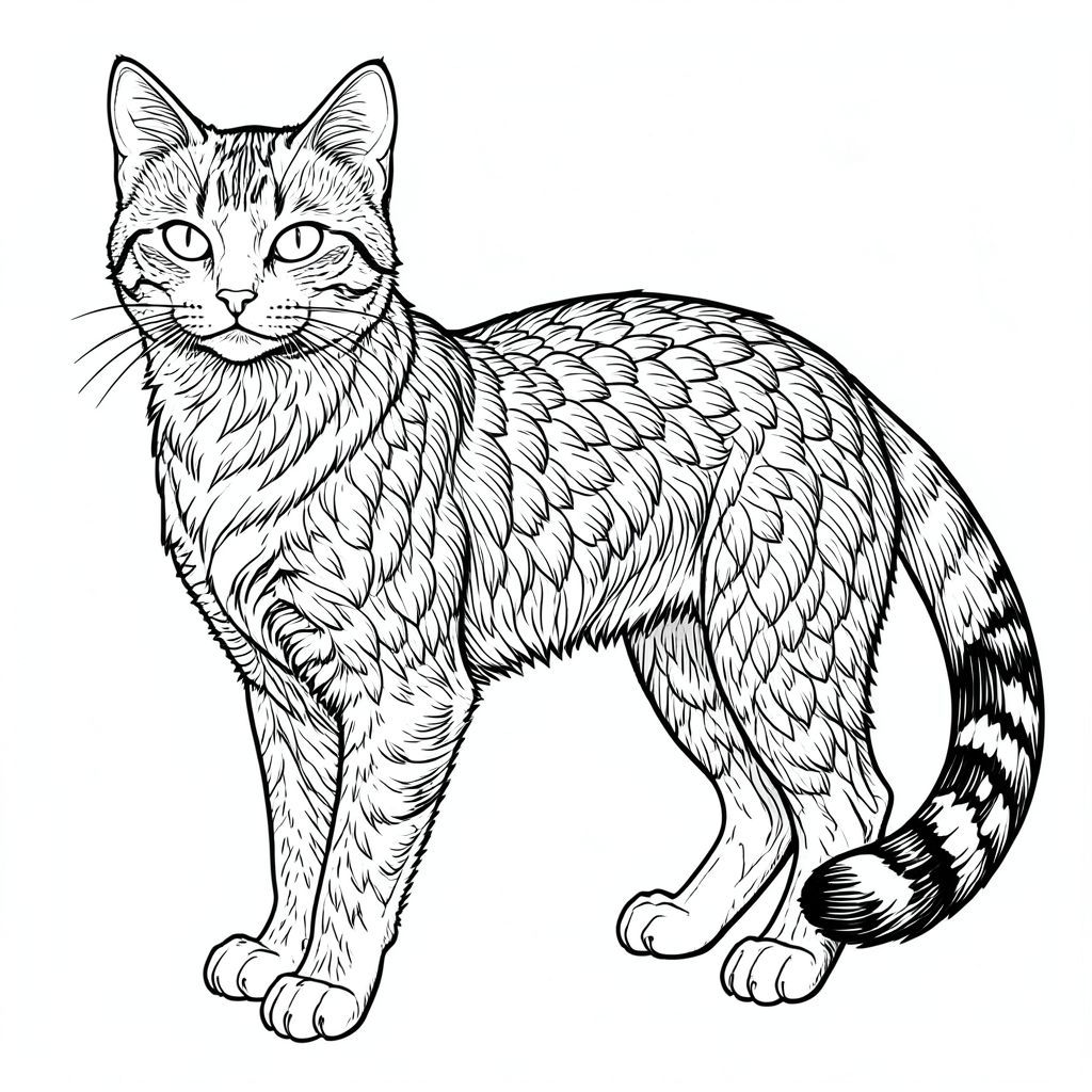 của bản vẽ đường nét đen trắng rất chi tiết được yêu cầu của một con mèo, được thiết kế để trở thành một hình minh họa thực vật phức tạp, được chế tác tỉ mỉ theo phong cách của một trang bách khoa toàn thư cổ điển.  Tôi đã tập trung vào việc tạo ra cảm giác chi tiết to lớn và độ phức tạp nhiều lớp, ưu tiên các đường nét chính xác và độ chính xác của cấu trúc trên tất cả.

---

Nhân vật trung tâm là một con mèo, một con mèo lông ngắn trong nước đánh giá qua hình bóng tổng thể của nó. Cơ thể thon dài, cơ bắp mạnh mẽ, với bộ ngực tinh tế, hơi dẹt. Cột sống đặc biệt rõ rệt, uốn cong theo một vòng cung duyên dáng, gần như ngoằn ngoèo.  Phần gốc cột sống được tạo góc cạnh tinh tế, tạo cảm giác chuyển động về phía trước và uyển chuyển tự nhiên.

Phần đầu có hình tam giác, chặt chẽ, chi tiết tỉ mỉ. Mõm đặc biệt phức tạp, với các đường nét tinh tế, chồng lên nhau thể hiện hệ cơ mỏng manh của hàm và má.  Mũi là một vết lõm hẹp, gần như không thể nhận thấy, hơi nhô lên. Đôi mắt rất lớn, nằm trong hộp sọ, với hình dạng được xác định cao, hơi bất đối xứng - một yếu tố quan trọng của thiết kế.  Đồng tử lõm một cách tinh tế, gần như không thể nhận thấy.

Tai to, tròn và nằm ở hai bên đầu, góc cạnh tinh tế.  Bộ lông được thể hiện trong một loạt các đường liên kết với nhau, gần giống như Fractal, chảy ra ngoài khỏi cơ thể, tạo thành một lớp . Bộ lông chủ yếu là a , với một chút sẫm màu về phía gốc cột sống và đầu đuôi.  Một hoa văn tinh tế - một đốm - - phủ lên toàn bộ bộ lông, tạo ra hiệu ứng 'lông vũ'.

Đuôi dài và dày, cong xuống đáng kể. Gốc đuôi là một khối xoáy của các đường màu đen, được ngắt quãng bởi các 'đốm' màu trắng nhỏ, chồng lên nhau.  Đầu đuôi hơi dài và hướng xuống dưới, tạo ra một đường cong năng động.  Đôi chân mạnh mẽ và cơ bắp, với khớp mắt cá chân rõ rệt.  Mỗi ngón chân được xác định riêng với một loạt các nét vẽ ngắn, chính xác.  Bàn chân có hình dạng tinh tế, với móng vuốt tinh tế hơi vươn ra từ miếng đệm.

Hệ cơ của cơ thể được thể hiện thông qua một mạng lưới dày đặc các đường đan xen - đặc biệt tập trung xung quanh xương sườn và gốc cột sống.  Những đường này không đồng nhất; Chúng được xếp lớp và tinh tế, cho thấy cấu trúc sợi cơ.  Chân vươn xa về phía sau, tạo ra một tư thế mạnh mẽ, gần như bốn chân.

Mặt sau là một phần đặc biệt phức tạp.  Một đường gờ thẳng đứng chạy dọc theo bề mặt lưng, bị phá vỡ bởi một loạt các đường gần như vô hình.  Trong sườn núi này, các hoa văn mờ nhạt, chồng lên nhau cho thấy tiềm năng tạo bóng và độ sâu tinh tế. Bộ lông ở đây hơi không đều, tránh bề mặt nhẵn.

Vùng ngực chứa đầy các đường dày đặc, chồng lên nhau, tạo thành một loạt các hình dạng cong cách điệu bắt chước các đường nét của xương sườn.  Những hình dạng này rất khác nhau về độ dày và khoảng cách - một nỗ lực có chủ ý để mô phỏng các sợi cơ.

Đuôi được lặp lại nhiều lần, nhưng mỗi lần lặp lại hơi khác nhau - một sự thay đổi tinh tế theo hướng xoáy hoặc một sự thay đổi nhỏ trong mô hình.

Toàn bộ bố cục được đóng khung bằng một loạt các đường xếp chồng lên nhau, nhỏ, được đặt chính xác được kiểm soát cẩn thận tạo cảm giác về chiều sâu và khối lượng không gian.  Các đường không hoàn toàn đồng đều về độ dày.  Chúng giao nhau và chồng lên nhau, tạo ra hiệu ứng dày đặc, gần như hữu hình.

Tỷ lệ được cân bằng cẩn thận - hơi nghiêng về phía đầu, một đường cong được đặt cẩn thận ở cột sống và một góc tinh tế về phía đuôi. Ấn tượng tổng thể là một trong những chi tiết giải phẫu đáng kể và độ phức tạp về kết cấu. Mục tiêu không phải là tạo ra bóng râm thực tế, mà là truyền tải hình thức thông qua một hình thức được xây dựng cẩn thận, chi tiết tỉ mỉ.

--- Lưu ý: Tôi đã tập trung vào việc tạo ra một hình ảnh đại diện có thể đạt được thông qua các đường nét chính xác và gợi ý về chiều sâu, thay vì cố gắng mô tả thực tế màu sắc hoặc bóng râm.  Trọng tâm là và phân lớp chi tiết.  Tôi đã sử dụng mô tả để hướng dẫn việc tạo hình ảnh trực quan của hình ảnh này.  Hãy cho tôi biết nếu bạn muốn tôi tinh chỉnh bất kỳ khía cạnh cụ thể nào - có thể điều chỉnh mức độ chi tiết hoặc nhấn mạnh vào một yếu tố cụ thể., tranh tô màu đen trắng, phong cách lowbook, nghệ thuật đường nét, đơn sắc, không màu, không đổ bóng, không xám, không tô màu, nền trắng, chỉ phác thảo, phong cách vector, thiết kế phẳng, 2d