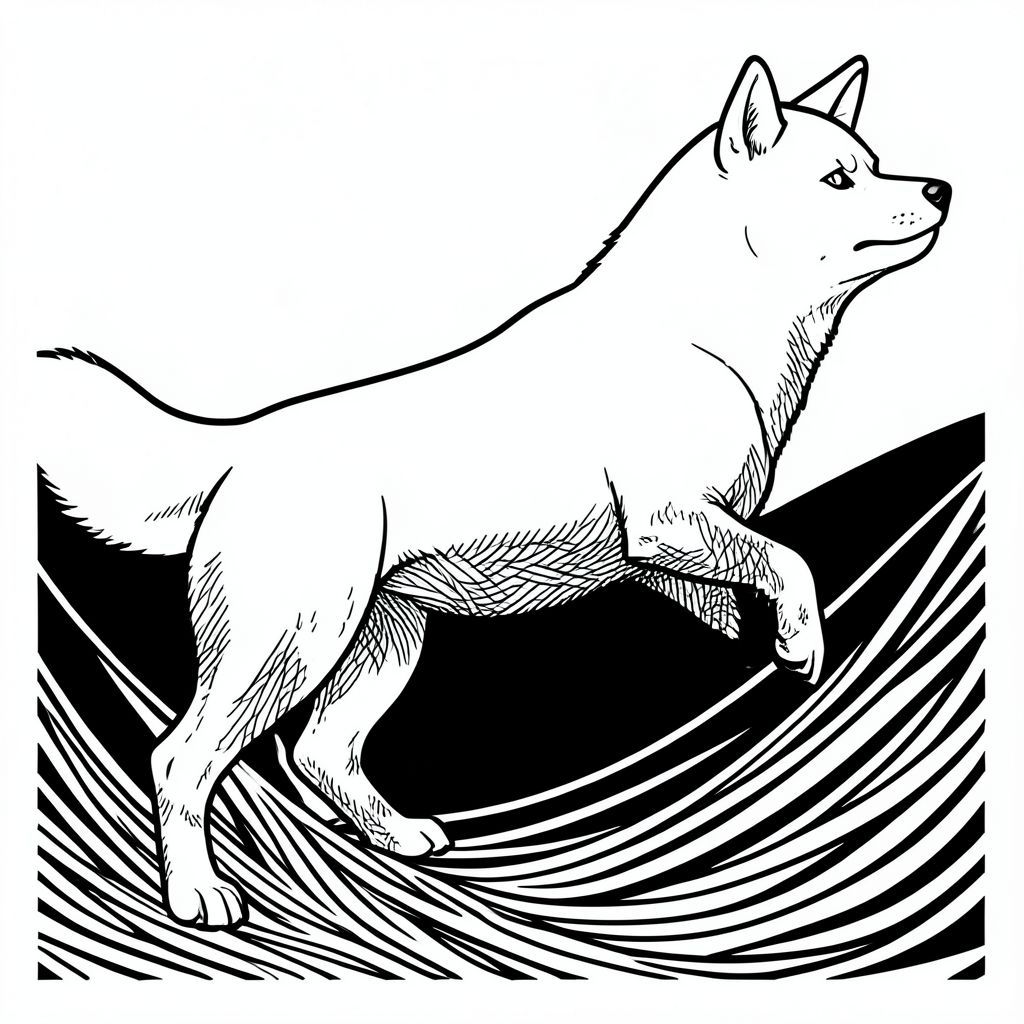 Đối tượng - một con Shiba Inu, được hiển thị với một tiêu điểm tuyệt vọng. Lõi là một dạng khổng lồ duy nhất, một khối chống lại một bức tranh dịch chuyển của . Nó không phải là một bức chân dung, không phải theo nghĩa thông thường. Đó là một .

Lưng của góc cạnh, gần như sẵn sàng nhảy, một đường cong tinh tế gợi ý về sức mạnh to lớn. Đầu của nó quay lại, một đường cong nhẹ nhàng, thông minh của hàm, lông mày hơi nhíu lại - một gợi ý của sự quan sát cẩn thận. Mõm là một đường thẳng, hẹp, rõ ràng, gần như thẳng đứng. 

Bên dưới, cơ thể mở rộng, một loạt các đường nối với nhau dày đặc. Đây không chỉ là những dòng; chúng là những nhánh sông, những dòng bóng tối xoáy hội tụ ở lưng dưới của. Các đường nét không mượt mà; chúng dày, nhiều lớp, giáp với hiệu ứng 'đốm'. Hãy tưởng tượng sức nặng của một dòng suối trên núi, bị nén thành một đường duy nhất, không bị đứt đoạn.

Chân - mạnh mẽ, góc cạnh, đi xuống sâu trong đế - là một thác hỗn loạn của . Mỗi đường được cố tình kéo dài, gợi ý chuyển động, thoáng qua.  Một sự đứt gãy tinh tế trong đường cho thấy đường cong nhẹ của chân, ngăn cản sự cứng vô trùng. 

Hậu cảnh không phải là một phong cảnh đơn giản.  Đó là một màu đen, gần như lỏng, được ngắt quãng bởi gợi ý mờ nhạt của một đỉnh sóng - một đường chéo duy nhất, kiên định, cắt xuyên qua bóng tối, giống như một khao khát tuyệt vọng.  Sóng này không phải là một đường cong tròn; Đó là một sự đứt gãy, góc cạnh, tạo thành một tiêu điểm có mật độ gần như không thể chịu nổi. 

Bàn chân của, nép mình ở gốc, là một loạt các đường giao nhau nhanh chóng - một cú đẩy im lặng, không ngừng. Chúng không được lấp đầy; chúng là bởi sự rõ ràng của các đường nét, tạo ra ảo giác về chiều sâu. 

Có một cảm giác về một không gian vô tận, khép kín xung quanh.  Các đường nét không chỉ đơn giản là vẽ; Chúng là một phong cảnh - một đại dương bóng tối thu nhỏ, trừu tượng, phản chiếu tư thế của. 

Ấn tượng tổng thể là một trong những mật độ áp đảo, chuyển động không ngừng và hỗn loạn có kiểm soát.  Nó đòi hỏi sự chú ý; nó đòi hỏi sự chiêm nghiệm.  Các dòng không nhằm mục đích bất cứ điều gì, mà là một cảm giác sâu sắc về sức mạnh cổ xưa và chuyển động đơn độc, không ngừng. 

Hãy xem xét sự tương tác của và - không đáng kể, có chủ ý. Các khu vực không chỉ đơn giản là khoảng trống; chúng có tiềm năng, gợi ý về chiều sâu ẩn trong khối.  Mỗi đường hoạt động như một nút, một điểm tiềm năng.  

Đây là một phong cảnh không phải về một hình ảnh đơn lẻ, mà là về một hiệu ứng bền vững, bao bọc - một gợi ý về sự vượt thời gian và năng lượng thô sơ, không khuất phục.  Tỷ lệ tuyệt đối của chi tiết - mật độ của các đường nét - rất quan trọng đối với cảm giác tổng thể. Đừng giải thích quá mức. Hãy để các đường nói., trang tô màu đen trắng, phong cách lowbook, nghệ thuật đường nét, đơn sắc, không màu, không đổ bóng, không xám, không tô màu, nền trắng, chỉ phác thảo, phong cách vector, thiết kế phẳng, 2d