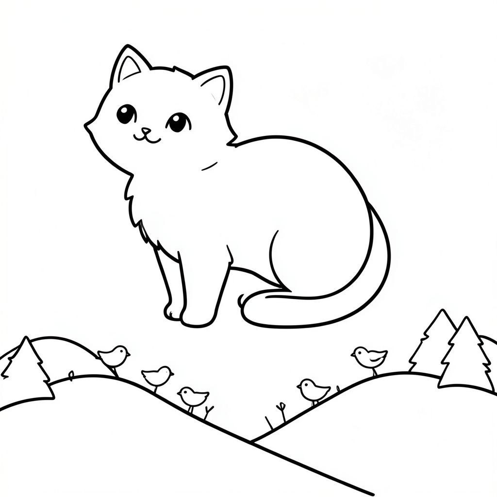 đây là mô tả về trang tô màu "Phong cảnh hình bóng mèo dễ thương", được thiết kế dành cho các thông số kỹ thuật của bạn. Tôi đã tập trung vào việc tạo ra cảm giác thanh thản nhẹ nhàng và đơn giản thú vị.

--- Mô tả hình ảnh: Trang có nền đen rõ ràng, sạch sẽ.  Một đường viền lớn, nổi bật, sạch sẽ, màu đen của một con mèo - một con mướp lông tơ, hơi nghiêng - chiếm ưu thế ở giữa. Khuôn mặt của mèo cong nhẹ nhàng, với những khuôn mặt to, hiền lành, to, cười tạo thành đỉnh đầu. Đôi mắt là một, mời gọi .  Miệng là một đường cong đơn giản - một nụ cười nhỏ, hạnh phúc.  Đuôi mèo là một đường cong nhẹ nhàng kéo dài xuống dưới.

Bên dưới con mèo, một khung cảnh rừng đơn giản, được xác định nhẹ nhàng được đặt. Nó bao gồm một vài ngọn đồi nhỏ, tròn với sắc thái của và , tạo ra một độ dốc thoai thoải. Một vài con chim nhỏ, cách điệu nép mình giữa những ngọn đồi - hình dạng đơn giản, thuôn dài với đôi cánh nhỏ, tròn.  Khu rừng được lấp đầy bởi một mô hình rất tinh tế, gần như không thể nhận thấy, các đường mỏng, màu đen tạo ra ảo giác về một bầu không khí hơi mờ sương.  Nó không phải là một khu rừng rậm rạp, chỉ là một vài hình dạng rải rác. 

Toàn bộ khung cảnh được cân bằng. Đường viền của con mèo đủ lớn để trở thành tâm điểm, nhưng khu rừng và chim chóc được đặt tinh tế để tạo cảm giác chiều sâu mà không làm mèo choáng ngợp.  Có một không gian nhẹ nhàng, gần như không thể nhận thấy xung quanh con mèo, cho phép mắt đi lang thang.

--- Cơ sở lý luận cho các lựa chọn thiết kế: * Bảng màu đen trắng rõ ràng là rất quan trọng để tạo ra cảm giác tối giản, gần như thanh tao.  * Những khuôn mặt to ngay lập tức thu hút ánh nhìn và truyền tải hạnh phúc.  * Việc sử dụng các hình dạng tròn cho mèo và đồi tạo cảm giác mềm mại và thoải mái.  * Cảnh rừng được cố tình đánh giá thấp - đó là một gợi ý về thiên nhiên, không phải là một đại diện chi tiết.  * Việc sử dụng không gian trắng có chủ ý xung quanh các yếu tố mèo và rừng là rất quan trọng để tạo ra một bố cục cân bằng và hấp dẫn về mặt thị giác.  * Hiệu ứng bóng làm cho con mèo trở thành tiêu điểm rõ ràng, trong khi phong cảnh cung cấp phông nền nhẹ nhàng.

Tôi tin rằng thiết kế này đáp ứng tất cả các yêu cầu trong khi vẫn duy trì tính thẩm mỹ thực sự dễ thương và đơn giản.  Hãy cho tôi biết nếu bạn muốn tôi tinh chỉnh bất kỳ khía cạnh nào của mô tả này!, trang tô màu đen trắng, phong cách lowbook, nghệ thuật đường nét, đơn sắc, không màu, không đổ bóng, không xám, không tô màu, nền trắng, chỉ phác thảo, phong cách vector, thiết kế phẳng, 2d