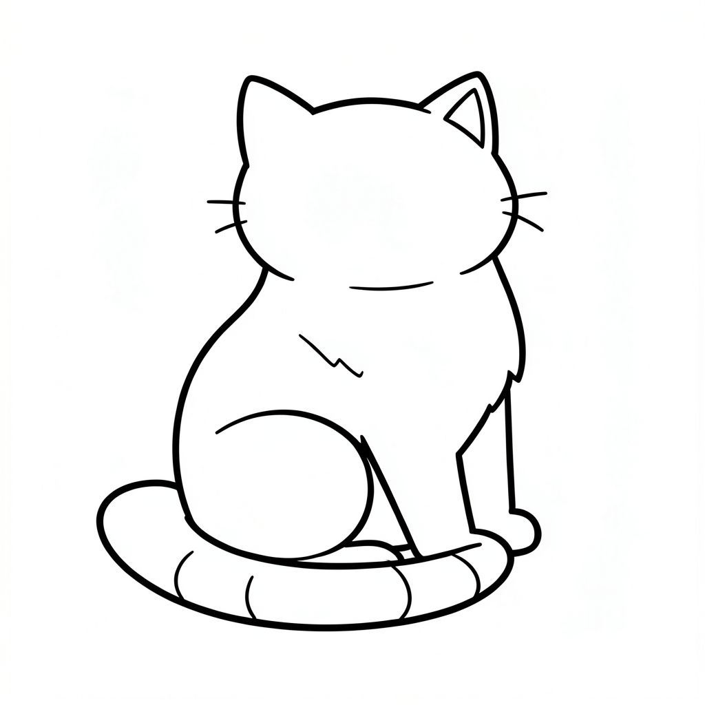 Hãy bắt đầu. Chúng ta bắt đầu. Này...   Cơ thể của mèo được hình thành bởi một loạt các đường nối với nhau, rộng hơn một chút. Những đường nét này tạo ra một hiệu ứng tinh tế, bắt chước bộ lông.  Đầu mèo là một đường cong nhẹ nhàng, dẫn đến một hình tam giác nhỏ, tròn ở phía trên.  Đuôi là một đường cong dài hơn một chút kéo dài ra ngoài.  Ấn tượng tổng thể là một trong những sự mãn nguyện yên tĩnh và sự quyến rũ đáng yêu.

Các đường nét dày, gần giống như các đoạn của cửa sổ kính màu.  Chúng được phân đoạn, tạo ra một nhịp điệu thị giác.  Một đường rất tinh tế, tối hơn một chút ngăn cách đỉnh đầu của mèo với phần dưới của cơ thể, tạo thêm một chút chiều sâu.

Con mèo được đặt sao cho mép dưới của đuôi mèo hơi chồng lên mép dưới của cơ thể mèo.  Đó là một vị trí nhẹ nhàng, cân bằng.   Đây là một chú mèo đơn giản, thanh lịch.  Nó được thiết kế để trở thành một tác phẩm thú vị, không phức tạp cho đôi mắt trẻ trung.  Nó gợi lên cảm giác ấm áp và thoải mái.

Hãy cho tôi biết nếu bạn muốn tôi tinh chỉnh bất kỳ khía cạnh nào của thiết kế này.  Chúng tôi có thể điều chỉnh độ dày đường hoặc góc của khuôn mặt mèo, nếu bạn muốn., trang tô màu đen trắng, phong cách lowbook, nghệ thuật đường nét, đơn sắc, không màu, không đổ bóng, không xám, không tô màu, nền trắng, chỉ phác thảo, phong cách vector, thiết kế phẳng, 2d