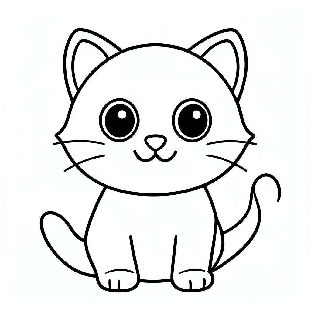 đây là mô tả về hình ảnh tô màu DỄ THƯƠNG, ĐẬM và RẤT ĐƠN GIẢN dành cho trẻ nhỏ, tuân thủ tất cả các quy tắc của bạn:

Một con mèo.

Đôi mắt to, tròn.

Miệng to, mỉm cười.

Tai nhỏ, tròn.

Đơn giản, đường dày., trang tô màu đen trắng, phong cách lowbook, nghệ thuật đường nét, đơn sắc, không màu, không bóng, không xám, không tô màu, nền trắng, chỉ phác thảo, phong cách vector, thiết kế phẳng, 2d