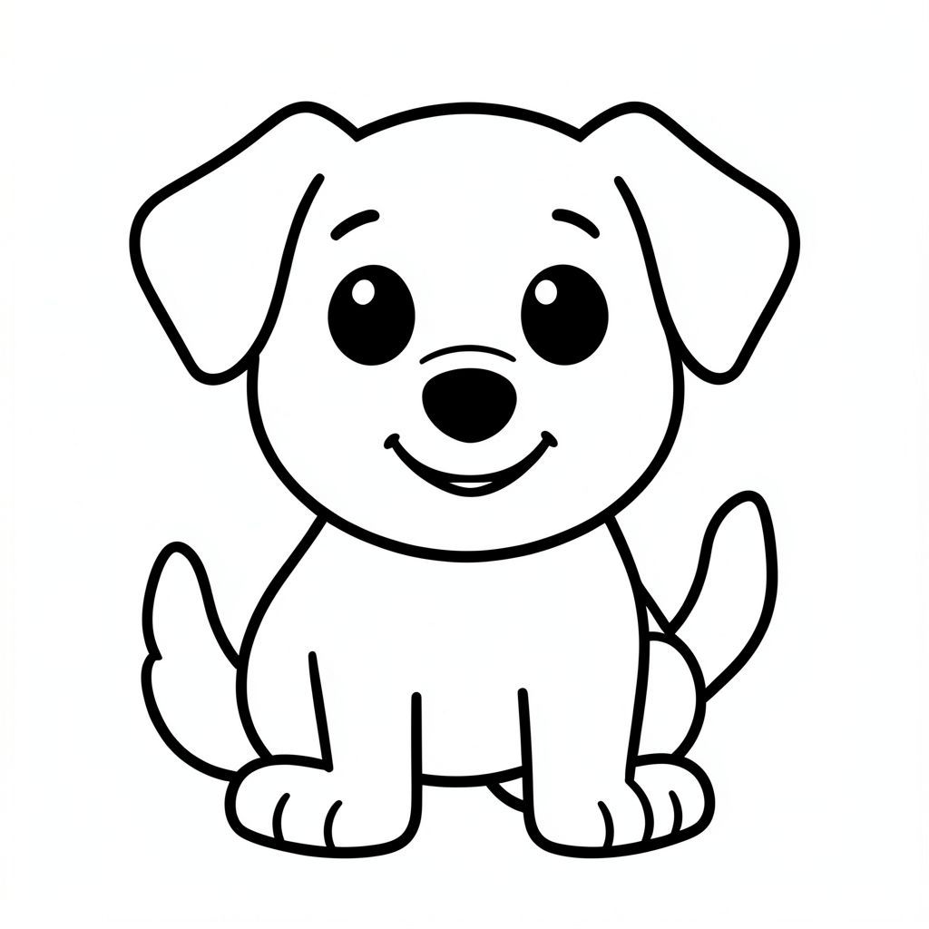 Dưới đây là mô tả về bản vẽ, tuân thủ tất cả các quy tắc và tập trung vào các yếu tố cốt lõi:

Một chú chó đơn giản, táo bạo, dễ thương. Khuôn mặt cười lớn, tròn. Đường dày, dày., tranh tô màu đen trắng, phong cách lowbook, nghệ thuật đường nét, đơn sắc, không màu, không đổ bóng, không xám, không tô màu, nền trắng, chỉ phác thảo, phong cách vector, thiết kế phẳng, 2d