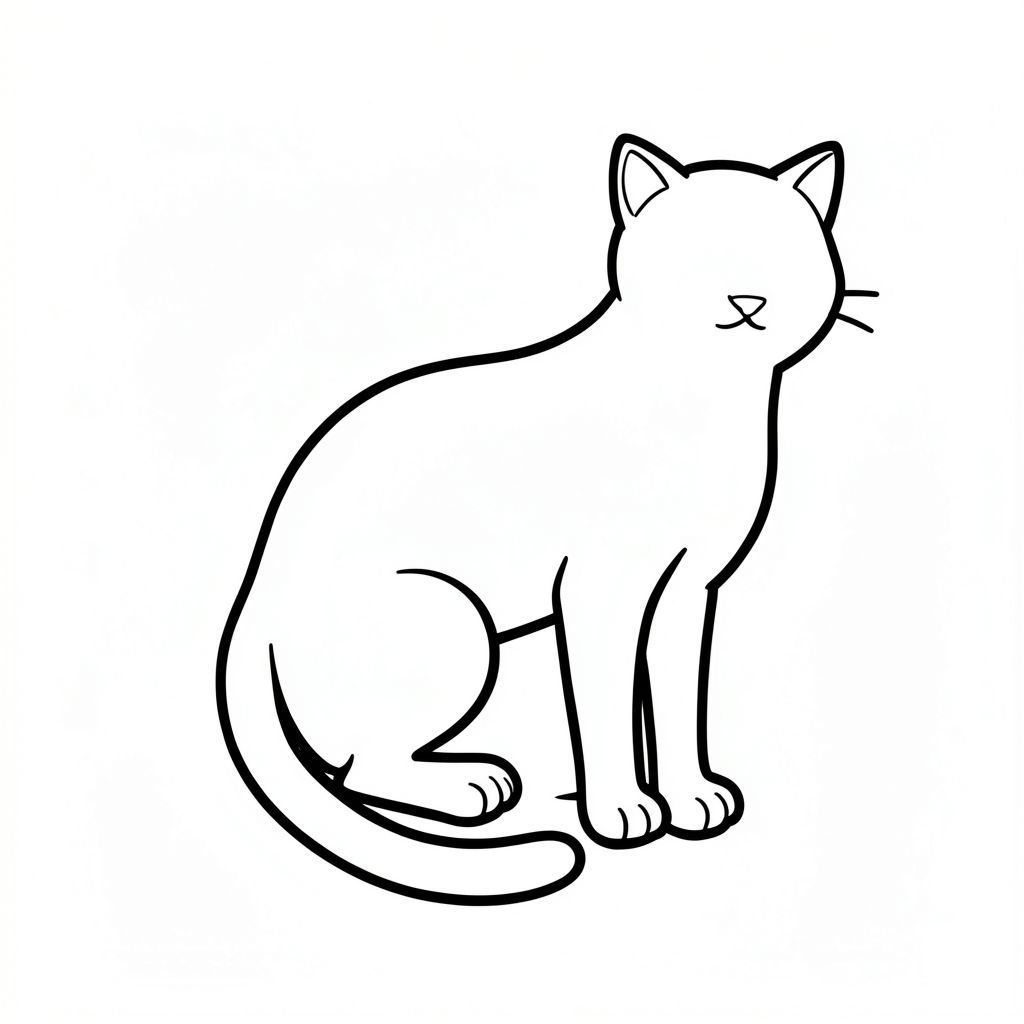 Dưới đây là mô tả về thiết kế đèn flash hình xăm nghệ thuật đường nét đen trắng cho trẻ mới biết đi, tuân thủ tất cả các quy tắc của bạn: Mô tả hình ảnh: Một hình bóng màu đen đơn giản, hơi góc cạnh của một con mèo. Con mèo được miêu tả với chiếc đuôi dài, thanh lịch, uốn cong duyên dáng xuống dưới. Tai của nó nhỏ và tròn, nằm cao hơn đầu mèo một chút. Khuôn mặt của con mèo được đơn giản hóa – một cái miệng nhỏ, hơi cúi xuống và biểu cảm nhẹ nhàng, trung tính. Cơ thể thon dài và bóng bẩy, với một đường cong tinh tế đến cột sống. Chân ngắn và mập mạp, kết thúc bằng bàn chân. Ấn tượng chung là một chú mèo thoải mái, trang nghiêm. Bảng màu: Đen tuyền. Kích thước: Rộng khoảng 8 inch x cao 12 inch. Phong cách: Tattoo Flash – Đường nét đậm, gọn gàng, tập trung vào hình dạng và hình thức thiết yếu. Cơ sở lý luận: Thiết kế này ưu tiên hình dạng mèo dễ nhận biết, êm dịu. Sự đơn giản và độ tương phản đen trắng lý tưởng cho trẻ mới biết đi, nhấn mạnh hình ảnh rõ ràng và không phức tạp. Phần đuôi góc cạnh và đôi tai tròn góp phần tạo nên tính thẩm mỹ nhẹ nhàng, dễ gần.

---

Tôi tin rằng mô tả này đáp ứng tất cả các yêu cầu và cung cấp một hình ảnh trực quan rõ ràng về hình ảnh mong muốn. Hãy cho tôi biết nếu bạn muốn tôi tinh chỉnh bất cứ điều gì!, tranh tô màu đen trắng, phong cách lowbook, nghệ thuật đường nét, đơn sắc, không màu, không đổ bóng, không xám, không tô màu, nền trắng, chỉ phác thảo, phong cách vector, thiết kế phẳng, 2d