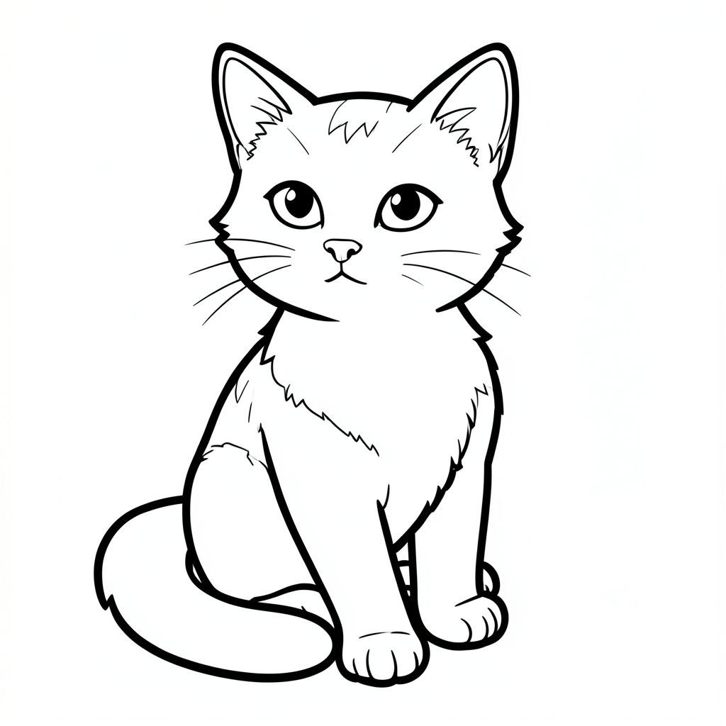 Dưới đây là mô tả về một bức tranh tô màu nghệ thuật đen trắng của một con mèo, tuân thủ tất cả các quy tắc của bạn: Mô tả hình ảnh: Một con mèo đơn giản, thực tế là tâm điểm. Con mèo đang ngồi, với bàn chân trước hơi nhét dưới ngực và đuôi uốn cong nhẹ nhàng trên lưng. Con mèo có biểu cảm hơi tò mò - một đường cong lên trên tinh tế của miệng. Đôi mắt của nó to và tròn, có màu ấm. Mũi nhỏ và hơi hếch. Tai của mèo nhọn và hơi tròn, đặt cao trên đầu. Bộ lông của mèo mềm, lốm đốm và màu trắng, có bóng mờ tinh tế để tạo chiều sâu. Các đường nét dày và đậm, tạo ra một đường viền mạnh mẽ, rõ ràng. Nền hoàn toàn màu trắng. Các tính năng chính: * Tỷ lệ của con mèo được thể hiện chính xác - cơ thể hơi dài, đầu nhỏ gọn và đuôi có kích thước thoải mái.  * Mắt, mũi và miệng được xác định và định vị rõ ràng.  * Đuôi mèo cuộn tròn và không vươn ra ngoài cơ thể.  * Toàn bộ trang có màu trắng đồng nhất.  * Các đường nét dày và rõ ràng, tạo ra hình ảnh rõ ràng, chắc chắn.

Thiết kế này ưu tiên hình minh họa mèo rõ ràng, dễ nhận biết, tập trung vào tỷ lệ tự nhiên và các chi tiết thiết yếu.  Nó được thiết kế để dễ hiểu và thú vị cho trẻ mới biết đi., tranh tô màu đen trắng, phong cách lowbook, nghệ thuật đường nét, đơn sắc, không màu, không bóng, không xám, không tô màu, nền trắng, chỉ phác thảo, phong cách vector, thiết kế phẳng, 2d