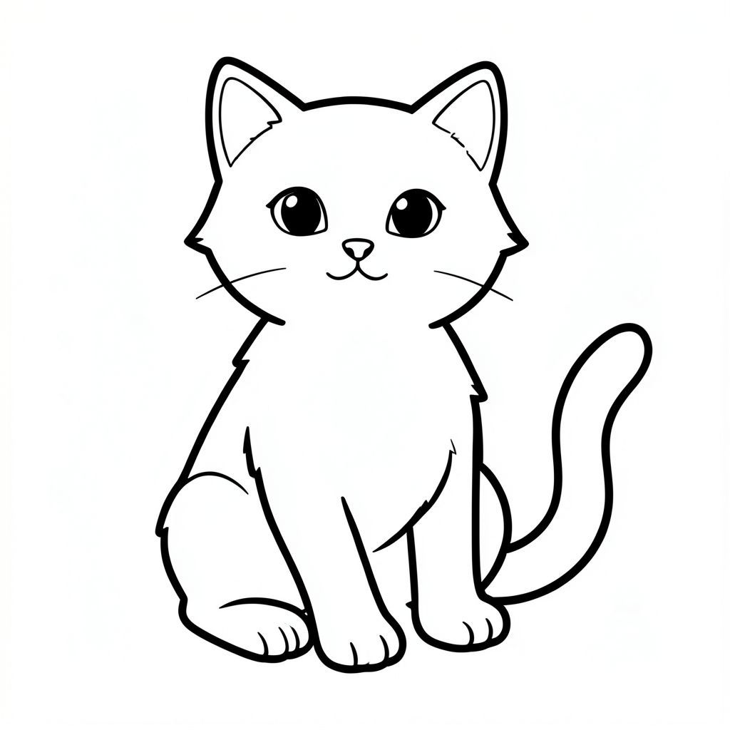 Dưới đây là mô tả về một bức tranh tô màu dành cho trẻ mới biết đi, tuân thủ tất cả các quy tắc của bạn: Tô màu: Mèo nhỏ một đuôi Một hình minh họa đơn giản, chân thực về một con mèo. Con mèo đang ngồi thẳng, với lưng hơi cong. Nó có đôi mắt to, biểu cảm, mũi nhỏ, nhẹ nhàng và miệng nhỏ, cong. Bộ lông của mèo mềm mại, ấm áp. Đuôi là một đường viền màu đen riêng biệt, được đặt hơi ở bên phải cơ thể mèo. Các đường nét dày và đậm, tạo ra một hình dạng rõ ràng và rõ ràng. Nền là một hình dạng đơn giản, . Cảm giác tổng thể là nhẹ nhàng và hấp dẫn., tranh tô màu đen trắng, phong cách lowbook, nghệ thuật đường nét, đơn sắc, không màu, không bóng, không xám, không tô màu, nền trắng, chỉ phác thảo, kiểu vector, thiết kế phẳng, 2d, chính xác một cái đuôi duy nhất