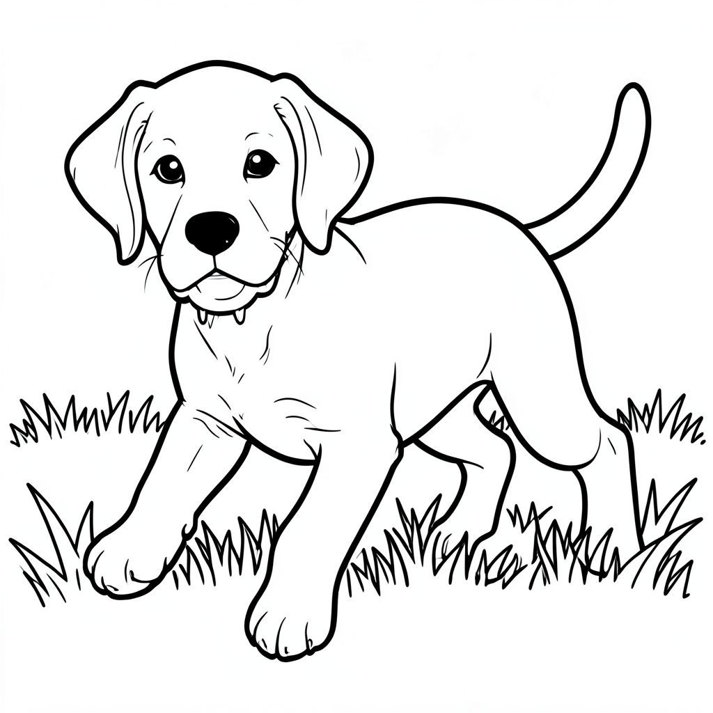 Dưới đây là mô tả về trang tô màu, tuân thủ nghiêm ngặt hướng dẫn của bạn: Mô tả hình ảnh: Một trang tô màu theo phong cách khắc gỗ chân thực, rõ ràng, đường viền đậm mô tả một chú chó con săn mồi. Chú chó con sải bước giữa, bàn chân trước hơi nhô lên và đường cong nhẹ nhàng về phía sau. Đầu của nó hơi nghiêng, mắt to và nhìn thẳng vào người xem. Có thể nhìn thấy một chiếc mũi nhỏ, ướt. Miệng của chó con hơi hở, để lộ một chiếc răng nhỏ màu trắng. Nền là một cánh đồng cỏ đơn giản, hơi mờ. Các đường nét dày và đậm, tạo ra một hình dạng mạnh mẽ, rõ ràng. Ấn tượng tổng thể là một vui vẻ, vui tươi., tranh tô màu đen trắng, phong cách lowbook, nghệ thuật đường nét, đơn sắc, không màu, không bóng, không xám, không điền, nền trắng, chỉ phác thảo, phong cách vector, thiết kế phẳng, 2d, chính xác một đuôi duy nhất