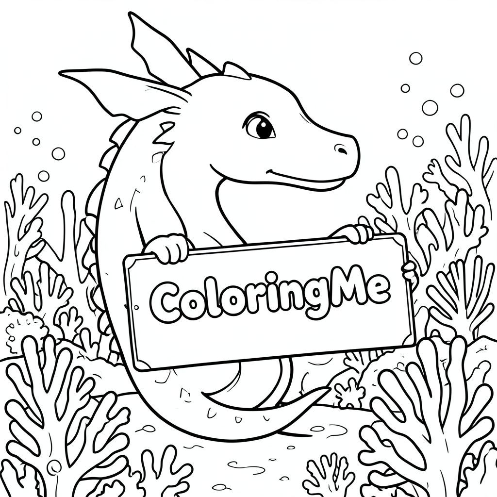 Một hình ảnh của một con rồng thân thiện, cầm một tấm biển có dòng chữ "ColoringMe" được viết bằng chữ bong bóng màu trắng, trong hồ sơ, trong một vương quốc rạn san hô dưới nước, theo phong cách siêu thực. Kích thước 500x500