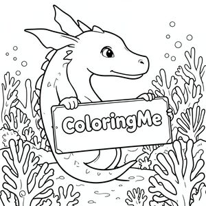 Một hình ảnh của một con rồng thân thiện, cầm một tấm biển có dòng chữ "ColoringMe" được viết bằng chữ bong bóng màu trắng, trong hồ sơ, trong một vương quốc rạn san hô dưới nước, theo phong cách siêu thực. Kích thước 500x500