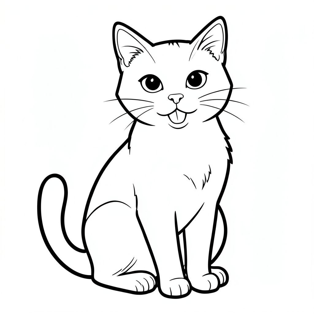 Dưới đây là mô tả về một trang màu, tuân thủ tất cả các quy tắc của bạn: Mô tả hình ảnh: Một con mèo thực tế, rõ ràng là tâm điểm. Con mèo đang ngồi thẳng, với đầu hơi nghiêng và một đường cong nhẹ nhàng về phía lưng. Bộ lông của nó mềm, với bóng râm tinh tế để tạo chiều sâu. Khuôn mặt của mèo tập trung, với đôi mắt to, biểu cảm và chiếc mũi nhỏ, tinh tế. Miệng của nó hơi há hở, để lộ một chiếc lưỡi nhẹ nhàng. Đuôi mèo là một đường đen, dày, duy nhất kéo dài từ phía sau đầu. Đuôi được đặt hơi lệch sang bên trái cơ thể mèo, tạo tư thế tự nhiên. Các đường nét đậm và dày, tạo ra một đường viền xác định. Nền là một không gian trơn, trắng., trang tô màu đen trắng, phong cách lowbook, nghệ thuật đường nét, đơn sắc, không màu, không bóng, không xám, không lấp đầy, nền trắng, chỉ phác thảo, phong cách vector, thiết kế phẳng, 2d, chính xác một đuôi duy nhất