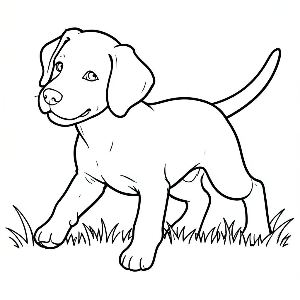 Dưới đây là mô tả về trang màu, tuân thủ nghiêm ngặt các hướng dẫn của bạn: Mô tả hình ảnh: Một trang tô màu theo phong cách khắc gỗ chân thực, rõ ràng, đường viền đậm mô tả một chú chó con săn mồi. Chú chó con đang sải bước giữa chừng, với đầu hơi nghiêng và biểu cảm nhẹ nhàng, hạnh phúc. Tai của nó mềm và hơi cong. Mũi của nó là một nút nhỏ. Miệng của nó hơi há ra trong một nụ cười vui tươi. Chân của chó con hơi nghiêng, tạo cảm giác chuyển động. Hậu cảnh là một cánh đồng cỏ đơn giản, hơi mờ. Đuôi của chó con là một đường đen, dày, duy nhất kéo dài từ phía sau phần dưới cơ thể. Đuôi hơi nghiêng về bên trái cơ thể chó con và là một đường màu đen đặc. Hình ảnh tổng thể sạch sẽ, đơn giản và tập trung vào các đặc điểm của., tranh tô màu đen trắng, phong cách lowbook, nghệ thuật đường nét, đơn sắc, không màu, không đổ bóng, không xám, không tô màu, nền trắng, chỉ phác thảo, phong cách vector, thiết kế phẳng, 2d, chính xác một đuôi duy nhất