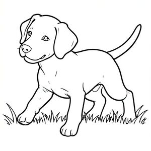 Dưới đây là mô tả về trang màu, tuân thủ nghiêm ngặt các hướng dẫn của bạn: Mô tả hình ảnh: Một trang tô màu theo phong cách khắc gỗ chân thực, rõ ràng, đường viền đậm mô tả một chú chó con săn mồi. Chú chó con đang sải bước giữa chừng, với đầu hơi nghiêng và biểu cảm nhẹ nhàng, hạnh phúc. Tai của nó mềm và hơi cong. Mũi của nó là một nút nhỏ. Miệng của nó hơi há ra trong một nụ cười vui tươi. Chân của chó con hơi nghiêng, tạo cảm giác chuyển động. Hậu cảnh là một cánh đồng cỏ đơn giản, hơi mờ. Đuôi của chó con là một đường đen, dày, duy nhất kéo dài từ phía sau phần dưới cơ thể. Đuôi hơi nghiêng về bên trái cơ thể chó con và là một đường màu đen đặc. Hình ảnh tổng thể sạch sẽ, đơn giản và tập trung vào các đặc điểm của., tranh tô màu đen trắng, phong cách lowbook, nghệ thuật đường nét, đơn sắc, không màu, không đổ bóng, không xám, không tô màu, nền trắng, chỉ phác thảo, phong cách vector, thiết kế phẳng, 2d, chính xác một đuôi duy nhất