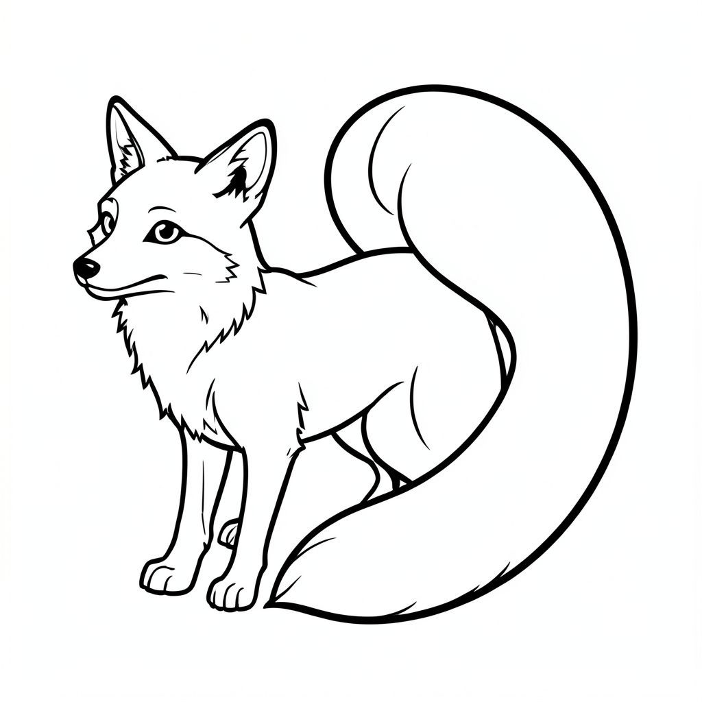 Dưới đây là mô tả về một trang tô màu được thiết kế để đáp ứng yêu cầu của bạn, tập trung vào một cái đuôi mang tính biểu tượng duy nhất: Mô tả trang màu: Một thiết kế flash hình xăm lớn, đậm, thực tế của một con cáo. Con cáo được miêu tả trong một tư thế năng động, với đôi tai hơi nghiêng lên trên và đuôi cong duyên dáng. Đuôi là một , , được viền bằng một đường đen, dày, đậm. Đôi mắt của cáo to và biểu cảm, và mũi của nó được xác định một cách tinh tế. Miệng là một đường cong đơn giản, nhẹ nhàng. Nền là một màu đặc, hơi trắng. Ấn tượng tổng thể là một trong những con vật mạnh mẽ và thanh lịch. Các tính năng chính: * Fox * Chỉ phác thảo đơn, màu đen.  * Thực tế, chi tiết.  * Mắt, mũi và miệng được xác định rõ ràng.  * Màu trắng đặc.  * Đường đen dày, đậm, đơn.

---

Hãy cho tôi biết nếu bạn muốn tôi tinh chỉnh điều này thêm!, trang tô màu đen trắng, phong cách lowbook, nghệ thuật đường nét, đơn sắc, không màu, không đổ bóng, không xám, không tô màu, nền trắng, chỉ phác thảo, phong cách vector, thiết kế phẳng, 2d, chính xác một đuôi duy nhất