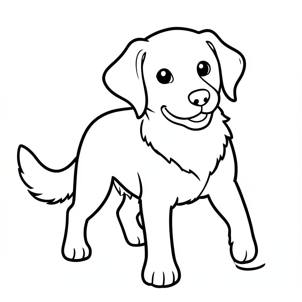 Dưới đây là mô tả về trang màu, tuân thủ nghiêm ngặt tất cả các quy tắc: Tô màu: Chú chó hạnh phúc Một hình minh họa đơn giản, thực tế về một chú chó hạnh phúc. được miêu tả trong một tư thế hơi góc cạnh, nhìn về phía người xem. Bộ lông của nó được thể hiện với các đường viền dày, đậm với sắc thái của và. có biểu cảm thân thiện - một nụ cười nhẹ.  Mũi của nó là một hình tròn nhỏ. Miệng của nó là một đường cong đơn giản, tạo thành một đường cong nhẹ nhàng. Đuôi của là một lông tơ màu trắng duy nhất, kéo dài từ phía sau. Đuôi được đặt hơi lệch sang bên trái cơ thể chó, tạo đường cong nhẹ nhàng. Nền là một màu trắng tinh khiết.  Toàn bộ nội thất của chú chó được lấp đầy bởi không gian trắng, tạo nên một hình ảnh sạch sẽ và đơn giản.  Không có chi tiết nào khác hiện diện. Các yếu tố chính: * * Một cái đuôi trắng.  * Tất cả các không gian nội thất đều có màu trắng tinh khiết.  * được mô tả với tỷ lệ chân thực.  * Đôi mắt được xác định rõ ràng, mũi nhỏ và miệng đơn giản.  * Đường viền dày, đậm.  * Màu trắng tinh khiết.

Hãy cho tôi biết nếu bạn muốn tôi tinh chỉnh điều này thêm!, trang tô màu đen trắng, phong cách lowbook, nghệ thuật đường nét, đơn sắc, không màu, không đổ bóng, không xám, không tô màu, nền trắng, chỉ phác thảo, phong cách vector, thiết kế phẳng, 2d, chính xác một đuôi duy nhất