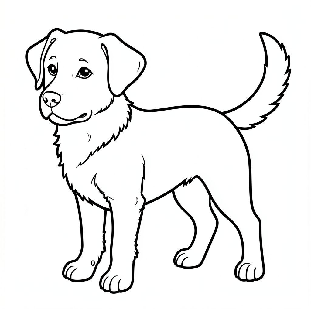 Dưới đây là mô tả về trang màu, tuân thủ nghiêm ngặt tất cả các quy tắc và hướng dẫn: Tô màu: Happy Dog Một chú chó đơn giản, thực tế là tâm điểm. được miêu tả trong một tư thế hơi góc cạnh, với đầu hơi quay sang một bên. Bộ lông của nó được thể hiện với những đường nét dày, đậm, tạo cảm giác chiều sâu và . Khuôn mặt của chú chó được xác định rõ ràng, với đôi mắt to, biểu cảm và chiếc mũi nhỏ, dịu dàng. Miệng được hình thành tinh tế với một đường cong nhẹ.

Cơ thể của chú chó được lấp đầy bởi một khoảng trống rộng lớn, màu trắng, tạo cảm giác khối lượng.  Một cái đuôi trắng, dày, duy nhất kéo dài từ lưng, được đặt hơi lệch tâm. Đuôi là một yếu tố nổi bật và các đường dày của nó tạo ra tác động thị giác mạnh mẽ.  Hình dạng của đuôi được xác định một cách tinh tế, gợi ý một lông tơ.

Toàn bộ nội thất của chú chó được lấp đầy bởi một khoảng trống trắng tinh khiết, tạo ra sự tương phản hoàn toàn với bộ lông của chú chó.  Không có chi tiết hoặc hoa văn nào khác trong cơ thể.  Nền là một màu trắng sạch. Lưu ý quan trọng: Toàn bộ trang hoàn toàn màu trắng, không có hoặc bất kỳ màu nào khác.  Đuôi đơn là yếu tố duy nhất của màu sắc., trang tô màu đen trắng, phong cách lowbook, nghệ thuật đường nét, đơn sắc, không màu, không bóng, không xám, không tô màu, nền trắng, chỉ phác thảo, phong cách vector, thiết kế phẳng, 2d, chính xác một đuôi duy nhất