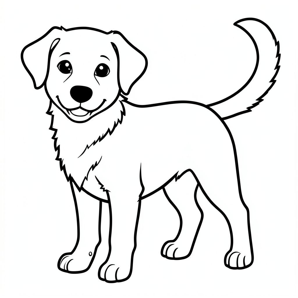 Dưới đây là mô tả về trang màu, tuân thủ nghiêm ngặt tất cả các quy tắc: Tô màu: Happy Dog Một chú chó đơn giản, thực tế là tâm điểm. được miêu tả trong một tư thế hơi góc cạnh, nhìn thẳng vào người xem. Bộ lông của nó được thể hiện với những đường nét dày, đậm, tạo cảm giác chiều sâu. Chú chó có biểu cảm dịu dàng, thân thiện. 

Đầu của hơi nghiêng, đôi mắt to và biểu cảm, truyền tải cảm giác vui vẻ. Mũi được xác định một cách tinh tế. Miệng là một đường cong đơn giản, nhẹ nhàng. 

Cơ thể của chứa đầy một khoảng trắng rộng lớn.  Một cái đuôi trắng dày, duy nhất kéo dài từ lưng, uốn cong duyên dáng. Đuôi được đặt hơi lệch tâm, tạo dòng chảy tự nhiên. Đường viền của đuôi được xác định bằng các đường dẫn dày, nhấn mạnh hình dạng của nó.

Nền là màu trắng tinh khiết, tạo ra một bức tranh sạch sẽ và gọn gàng.  Không có chi tiết hoặc bóng mờ nào khác.  Ấn tượng chung là một hạnh phúc, đơn giản. Các tính năng chính: * Được xác định rõ ràng và nổi bật.  * Tất cả các không gian nội thất đều hoàn toàn màu trắng.  * Tỷ lệ của được hiển thị chính xác.  * Được xác định rõ ràng và tự nhiên.  * Đường viền dày, đậm để định nghĩa.  * Trắng tinh khiết, không màu.

---

Hãy cho tôi biết nếu bạn muốn tôi tinh chỉnh điều này thêm!, trang tô màu đen trắng, phong cách lowbook, nghệ thuật đường nét, đơn sắc, không màu, không đổ bóng, không xám, không tô màu, nền trắng, chỉ phác thảo, phong cách vector, thiết kế phẳng, 2d, chính xác một đuôi duy nhất