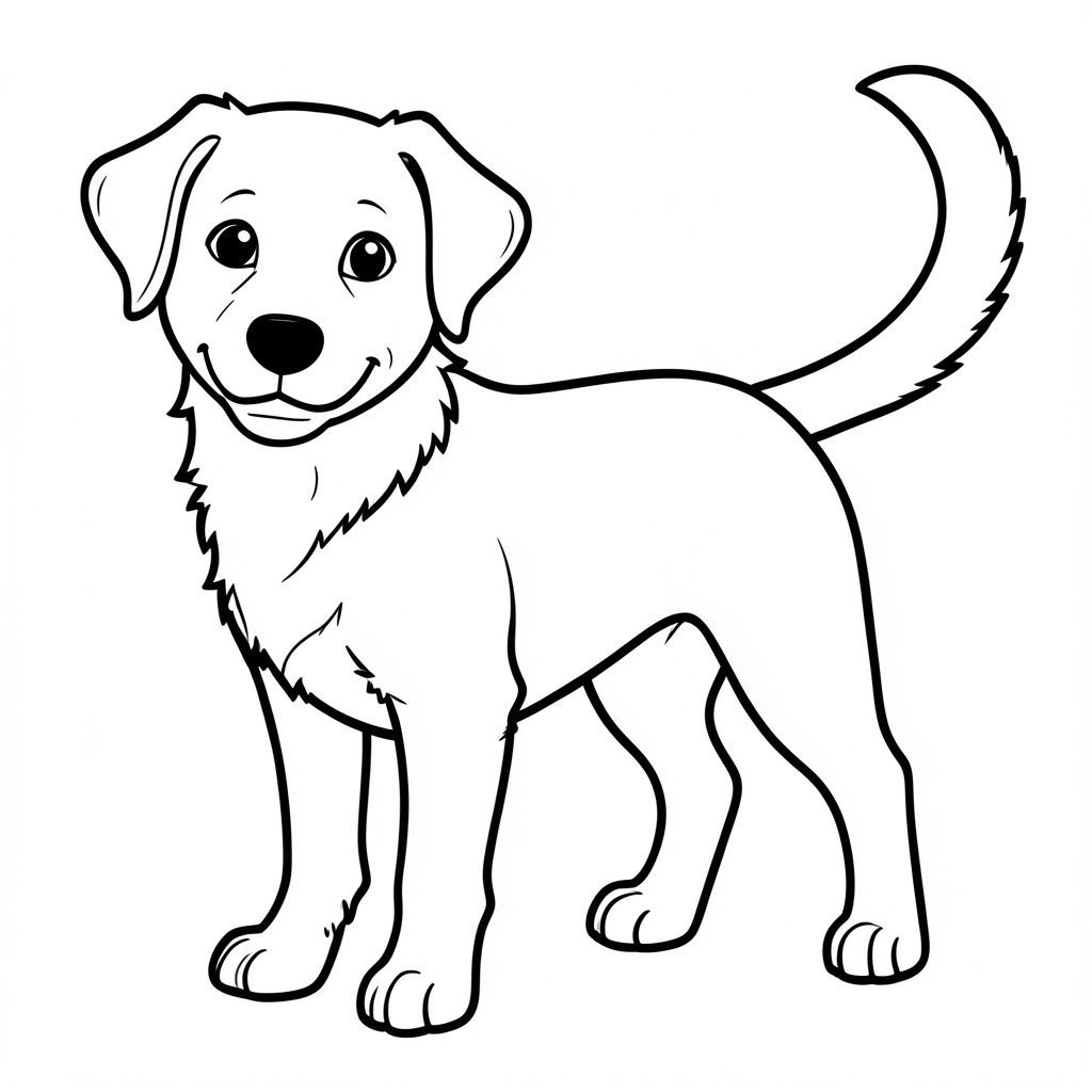 Dưới đây là mô tả về trang màu, tuân thủ nghiêm ngặt tất cả các quy tắc: Tô màu: Happy Dog Một chú chó đơn giản, thực tế là tâm điểm. được miêu tả trong một tư thế hơi góc cạnh, nhìn thẳng vào người xem. Bộ lông của nó được thể hiện với những đường nét dày, đậm, tạo cảm giác chiều sâu. có biểu cảm thân thiện - một nụ cười nhẹ.  Đầu của hơi nghiêng, đôi mắt to và , truyền tải cảm giác ấm áp. Mũi là một hình tròn nhỏ. Miệng là một đường cong đơn giản gợi lên một chiếc thở hổn hển hạnh phúc.

Cơ thể của chứa đầy một khoảng trắng rộng lớn.  Một cái đuôi trắng dày, duy nhất kéo dài từ lưng, uốn cong duyên dáng. Đuôi là một đường dày, tạo ra một yếu tố thị giác mạnh mẽ.  Đuôi được đặt hơi lệch tâm, tạo thêm nét năng động.

Nền là màu trắng tinh khiết, tạo không gian sạch sẽ, gọn gàng để chú chó làm tâm điểm.  Không có chi tiết nào khác - chỉ có và cái đuôi duy nhất của nó. Các tính năng chính: * Đuôi là yếu tố chính và được xác định rõ ràng.  * Tất cả các không gian nội thất đều được lấp đầy bằng màu trắng tinh khiết.  * Tỷ lệ của được xem xét cẩn thận là thực tế.  * Những điều này được xác định rõ ràng và cần thiết cho biểu hiện của chó.  * Các đường dày, đậm được sử dụng để xác định hình dạng của chú chó và tạo ra hình ảnh rõ nét.  * Hoàn toàn không được sử dụng ở bất cứ đâu.  * Không có bản vá lỗi.  * Bộ lông và cơ thể của được thể hiện bằng màu trắng.  * Không có văn bản.

<start_of_image>, trang tô màu đen trắng, phong cách lowbook, nghệ thuật đường nét, đơn sắc, không màu, không đổ bóng, không xám, không điền, nền trắng, chỉ phác thảo, phong cách vector, thiết kế phẳng, 2d, chính xác một đuôi duy nhất