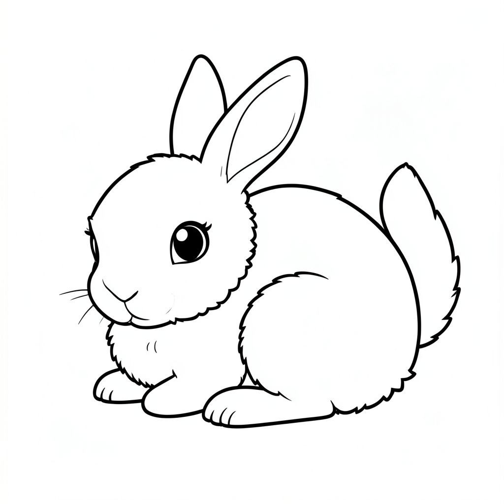 Một chú thỏ nhỏ, lông tơ với đôi mắt to, hiền lành. Con thỏ cuộn tròn, tai hơi hướng về phía trước. Một cái đuôi màu trắng duy nhất kéo dài từ lưng, uốn cong duyên dáng. Bộ lông của chú thỏ mềm mại và tạo hình dáng nhẹ nhàng, hấp dẫn. Nền là một trang tô màu đơn giản, ., đen trắng, phong cách lowbook, nghệ thuật đường nét, đơn sắc, không màu, không bóng, không xám, không điền, nền trắng, chỉ phác thảo, phong cách vector, thiết kế phẳng, 2d, chính xác một đuôi duy nhất, hoàn toàn không tô màu đen, nội thất trắng tinh khiết, không có miếng mực, không có văn bản, không có từ, không có tiêu đề