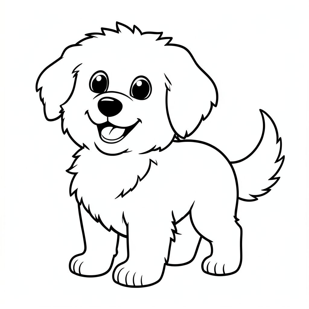 Một chú chó nhỏ, lông tơ với nụ cười rạng rỡ, vui vẻ. Khuôn mặt của chú chó được thể hiện nhẹ nhàng, với đôi mắt to, biểu cảm. Một cái đuôi cong duy nhất kéo dài từ lưng dưới của. Bộ lông của ấm áp, . Nền là một trang tô màu đơn giản, trắng., đen trắng, phong cách lowbook, nghệ thuật đường nét, đơn sắc, không màu, không đổ bóng, không xám, không điền, nền trắng, chỉ phác thảo, phong cách vector, thiết kế phẳng, 2d, chính xác một đuôi duy nhất, hoàn toàn không tô màu đen, nội thất trắng tinh khiết, không có miếng mực, không văn bản, không từ, không tiêu đề