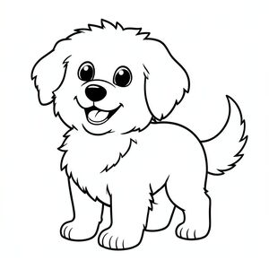 Một chú chó nhỏ, lông tơ với nụ cười rạng rỡ, vui vẻ. Khuôn mặt của chú chó được thể hiện nhẹ nhàng, với đôi mắt to, biểu cảm. Một cái đuôi cong duy nhất kéo dài từ lưng dưới của. Bộ lông của ấm áp, . Nền là một trang tô màu đơn giản, trắng., đen trắng, phong cách lowbook, nghệ thuật đường nét, đơn sắc, không màu, không đổ bóng, không xám, không điền, nền trắng, chỉ phác thảo, phong cách vector, thiết kế phẳng, 2d, chính xác một đuôi duy nhất, hoàn toàn không tô màu đen, nội thất trắng tinh khiết, không có miếng mực, không văn bản, không từ, không tiêu đề