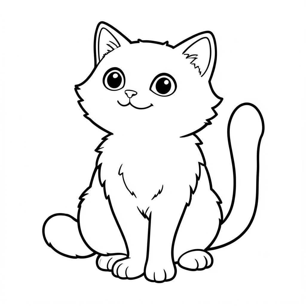 Một con mèo nhỏ, lông tơ với đôi mắt mở to, ngây thơ ngồi thẳng. Bộ lông của nó mềm, . Một cái đuôi dài màu trắng duy nhất kéo dài từ lưng, uốn cong duyên dáng. Nền là một màu trắng đơn giản. Khuôn mặt của con mèo hơi nghiêng lên trên, gợi ý một nụ cười dịu dàng., tranh tô màu đen trắng, phong cách lowbook, nghệ thuật đường nét, đơn sắc, không màu, không bóng, không xám, không tô màu, nền trắng, chỉ phác thảo, kiểu vector, thiết kế phẳng, 2d, chính xác một đuôi duy nhất, hoàn toàn không tô màu đen, nội thất trắng tinh khiết, không có miếng mực, không văn bản, không từ, không tiêu đề