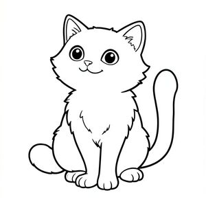 Một con mèo nhỏ, lông tơ với đôi mắt mở to, ngây thơ ngồi thẳng. Bộ lông của nó mềm, . Một cái đuôi dài màu trắng duy nhất kéo dài từ lưng, uốn cong duyên dáng. Nền là một màu trắng đơn giản. Khuôn mặt của con mèo hơi nghiêng lên trên, gợi ý một nụ cười dịu dàng., tranh tô màu đen trắng, phong cách lowbook, nghệ thuật đường nét, đơn sắc, không màu, không bóng, không xám, không tô màu, nền trắng, chỉ phác thảo, kiểu vector, thiết kế phẳng, 2d, chính xác một đuôi duy nhất, hoàn toàn không tô màu đen, nội thất trắng tinh khiết, không có miếng mực, không văn bản, không từ, không tiêu đề