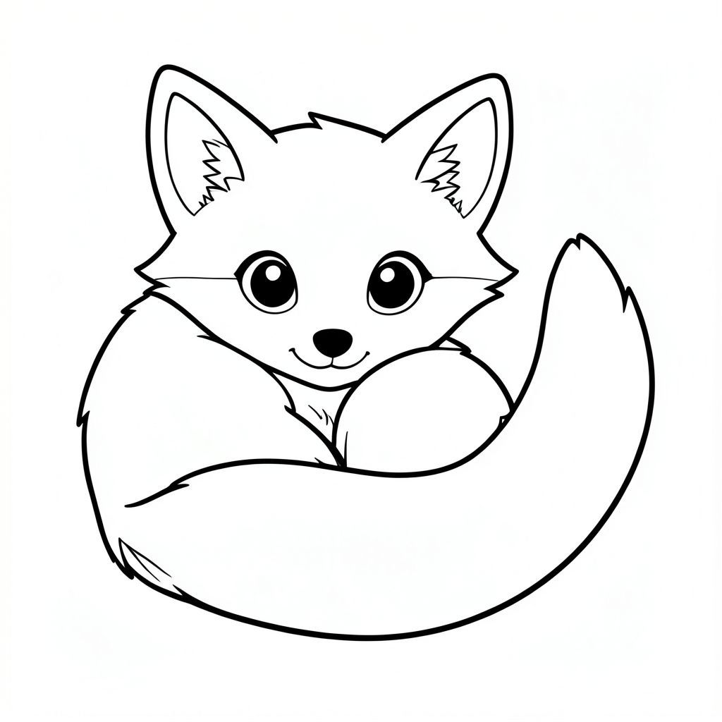 Một con cáo nhỏ, lông tơ với đôi mắt to tròn. Con cáo cuộn tròn, nhìn thẳng vào người xem với nụ cười dịu dàng. Một cái đuôi dài, màu trắng duy nhất kéo dài từ lưng của nó. Bộ lông của cáo là một màu mềm mại, ấm áp của . Nền là một trang tô màu đơn giản, ., đen trắng, phong cách lowbook, nghệ thuật đường nét, đơn sắc, không màu, không bóng, không xám, không điền, nền trắng, chỉ phác thảo, phong cách vector, thiết kế phẳng, 2d, chính xác một đuôi duy nhất, hoàn toàn không tô màu đen, nội thất trắng tinh khiết, không có miếng mực, không có văn bản, không có từ, không có tiêu đề