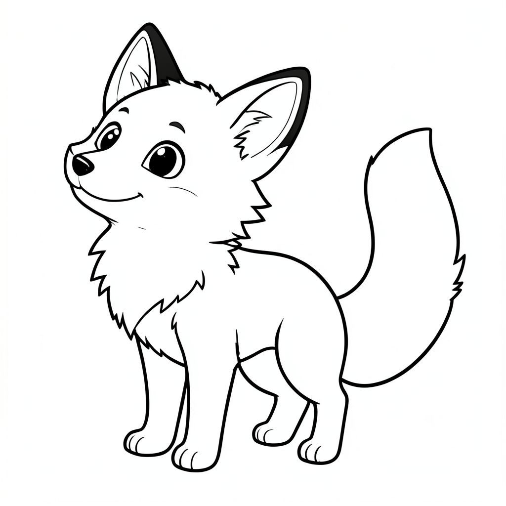 Một con cáo nhỏ, lông tơ với đôi mắt mở to. Bộ lông của nó ấm áp, . Một cái đuôi dài, màu trắng duy nhất kéo dài từ lưng của nó. Khuôn mặt của con cáo hơi nghiêng lên trên, thể hiện biểu cảm dịu dàng, hạnh phúc. Nền là một trang tô màu mềm, ., đen trắng, phong cách lowbook, nghệ thuật đường nét, đơn sắc, không màu, không bóng, không xám, không tô màu, nền trắng, chỉ phác thảo, phong cách vector, thiết kế phẳng, 2d, chính xác một đuôi duy nhất, hoàn toàn không tô màu đen, nội thất trắng tinh khiết, không có miếng mực, không văn bản, không từ, không tiêu đề