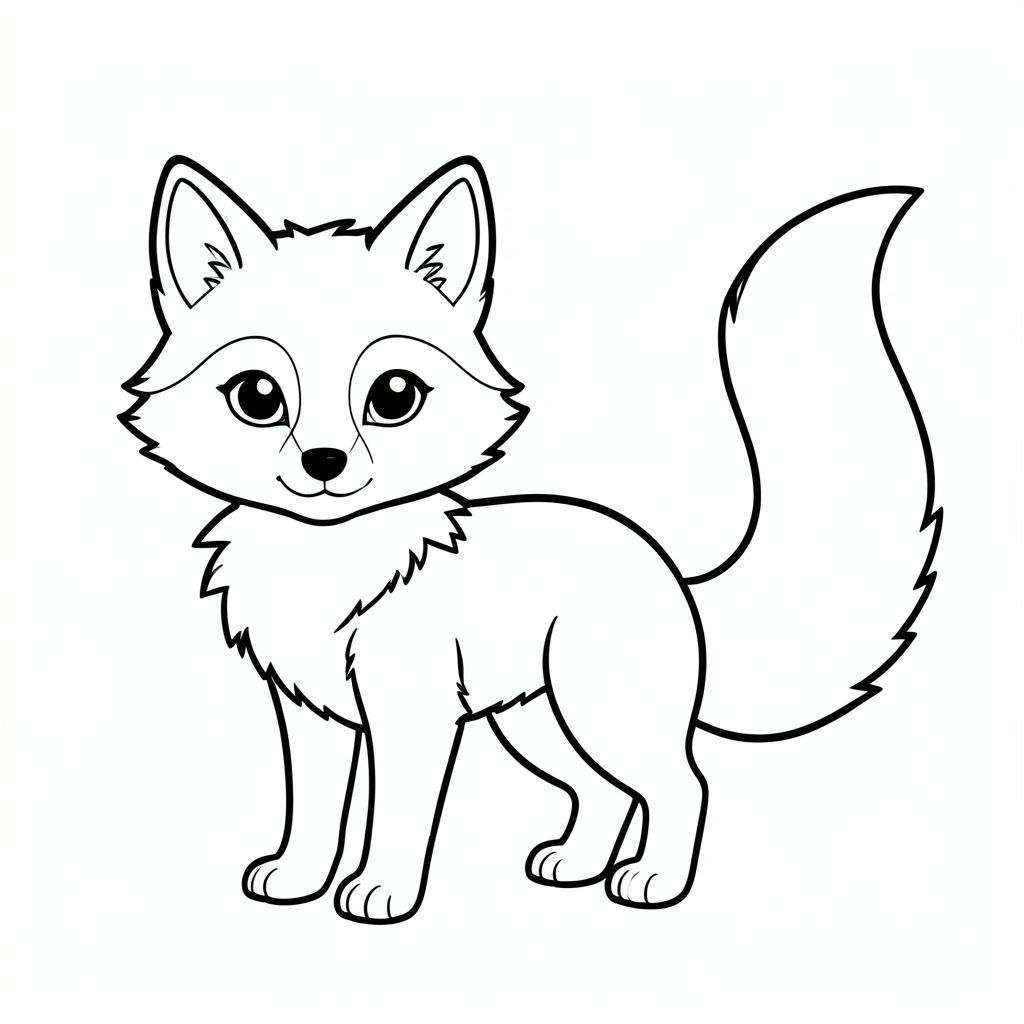 Một con cáo nhỏ, lông tơ với đôi mắt to, hiền lành. Bộ lông của nó có màu ấm. Một cái đuôi dài màu trắng duy nhất kéo dài từ lưng, uốn cong duyên dáng. Nền là một trang tô màu mềm, ., đen trắng, phong cách lowbook, nghệ thuật đường nét, đơn sắc, không màu, không bóng, không xám, không tô màu, nền trắng, chỉ phác thảo, phong cách vector, thiết kế phẳng, 2d, chính xác một đuôi duy nhất, hoàn toàn không tô màu đen, nội thất trắng tinh khiết, không có miếng mực, không văn bản, không từ, không tiêu đề