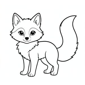 Một con cáo nhỏ, lông tơ với đôi mắt to, hiền lành. Bộ lông của nó có màu ấm. Một cái đuôi dài màu trắng duy nhất kéo dài từ lưng, uốn cong duyên dáng. Nền là một trang tô màu mềm, ., đen trắng, phong cách lowbook, nghệ thuật đường nét, đơn sắc, không màu, không bóng, không xám, không tô màu, nền trắng, chỉ phác thảo, phong cách vector, thiết kế phẳng, 2d, chính xác một đuôi duy nhất, hoàn toàn không tô màu đen, nội thất trắng tinh khiết, không có miếng mực, không văn bản, không từ, không tiêu đề