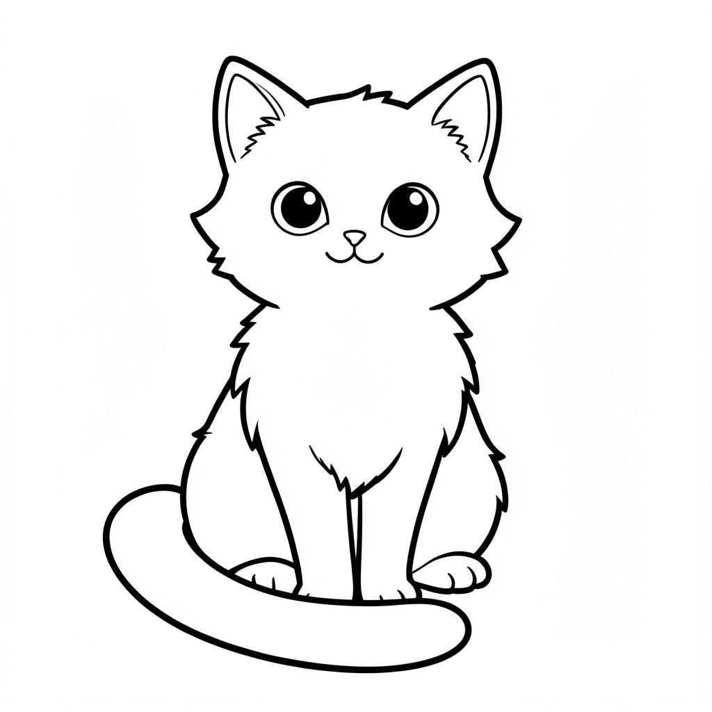 Một con mèo nhỏ, lông tơ với đôi mắt mở to, ngồi thẳng đứng. Bộ lông của nó mềm mại, . Một cái đuôi dài, trắng, uốn cong duyên dáng từ lưng dưới của nó. Nền là một trang tô màu đơn giản, trắng., đen trắng, phong cách lowbook, nghệ thuật đường nét, đơn sắc, không màu, không bóng, không xám, không tô màu, nền trắng, chỉ phác thảo, phong cách vector, thiết kế phẳng, 2d, chính xác một đuôi duy nhất, hoàn toàn không tô màu đen, nội thất trắng tinh khiết, không có miếng mực, không văn bản, không từ, không tiêu đề
