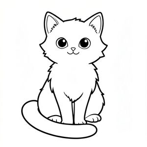 Một con mèo nhỏ, lông tơ với đôi mắt mở to, ngồi thẳng đứng. Bộ lông của nó mềm mại, . Một cái đuôi dài, trắng, uốn cong duyên dáng từ lưng dưới của nó. Nền là một trang tô màu đơn giản, trắng., đen trắng, phong cách lowbook, nghệ thuật đường nét, đơn sắc, không màu, không bóng, không xám, không tô màu, nền trắng, chỉ phác thảo, phong cách vector, thiết kế phẳng, 2d, chính xác một đuôi duy nhất, hoàn toàn không tô màu đen, nội thất trắng tinh khiết, không có miếng mực, không văn bản, không từ, không tiêu đề