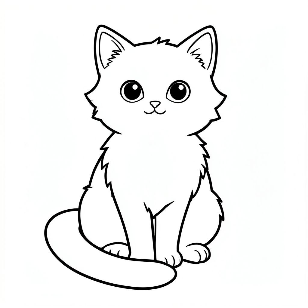 Một con mèo nhỏ, lông tơ với đôi mắt to ngây thơ ngồi thẳng lưng. Bộ lông của nó mềm mại, . Một cái đuôi đơn, dài, trắng uốn cong duyên dáng từ lưng dưới của nó. Nền là một trang tô màu đơn giản, trắng, đen trắng, phong cách lowbook, nghệ thuật đường nét, đơn sắc, không màu, không bóng, không xám, không tô màu, nền trắng, chỉ phác thảo, phong cách vector, thiết kế phẳng, 2d, chính xác một đuôi duy nhất, hoàn toàn không tô màu đen, nội thất trắng tinh khiết, không có miếng mực, không văn bản, không từ, không tiêu đề