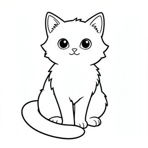 Một con mèo nhỏ, lông tơ với đôi mắt to ngây thơ ngồi thẳng lưng. Bộ lông của nó mềm mại, . Một cái đuôi đơn, dài, trắng uốn cong duyên dáng từ lưng dưới của nó. Nền là một trang tô màu đơn giản, trắng, đen trắng, phong cách lowbook, nghệ thuật đường nét, đơn sắc, không màu, không bóng, không xám, không tô màu, nền trắng, chỉ phác thảo, phong cách vector, thiết kế phẳng, 2d, chính xác một đuôi duy nhất, hoàn toàn không tô màu đen, nội thất trắng tinh khiết, không có miếng mực, không văn bản, không từ, không tiêu đề