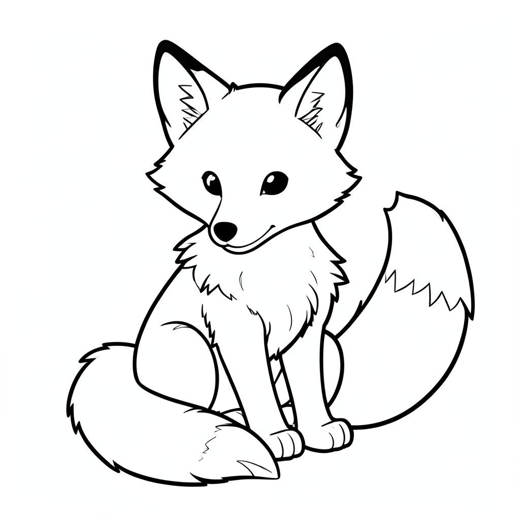 Một con cáo nhỏ, lông tơ ngồi chăm chú, đuôi hơi cong lại. Con cáo được hiển thị với các sắc thái của và , với những điểm nổi bật tinh tế. Bộ lông của nó được chi tiết với vẻ ngoài mềm mại, hơi nhẹ. Đuôi có màu trắng tinh khiết, với đường cong nhẹ nhàng và đầu nhỏ màu trắng. Biểu cảm của con cáo nhẹ nhàng và tò mò. Nền là một trang tô màu đơn giản, trắng, đen trắng, phong cách lowbook, nghệ thuật đường nét, đơn sắc, không màu, không bóng, không xám, không tô màu, nền trắng, chỉ phác thảo, phong cách vector, thiết kế phẳng, 2d, chính xác một đuôi duy nhất, hoàn toàn không tô màu đen, nội thất trắng tinh khiết, không có miếng mực, không văn bản, không từ, không tiêu đề