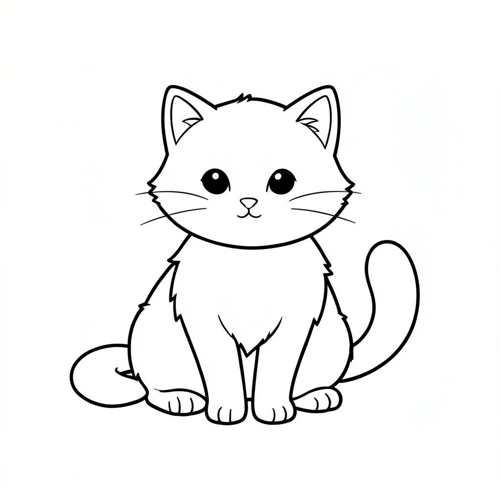 Một con mèo nhỏ, lông tơ ngồi ở giữa. Khuôn mặt của nó cong nhẹ nhàng với bộ râu nhẹ nhàng. Một cái đuôi uốn cong duyên dáng từ lưng, tạo ra một điểm tương phản tinh tế. Nền là một dải trắng tinh khiết liền mạch, tạo ra một bầu không khí êm dịu và thanh bình., trang tô màu đen trắng, phong cách lowbook, nghệ thuật đường nét, đơn sắc, không màu, không bóng, không xám, không tô màu, nền trắng, chỉ phác thảo, phong cách vector, thiết kế phẳng, 2d, chính xác một đuôi đơn, hoàn toàn không tô màu đen, nội thất trắng tinh khiết, không có miếng mực, không có văn bản,  không lời, không tiêu đề
