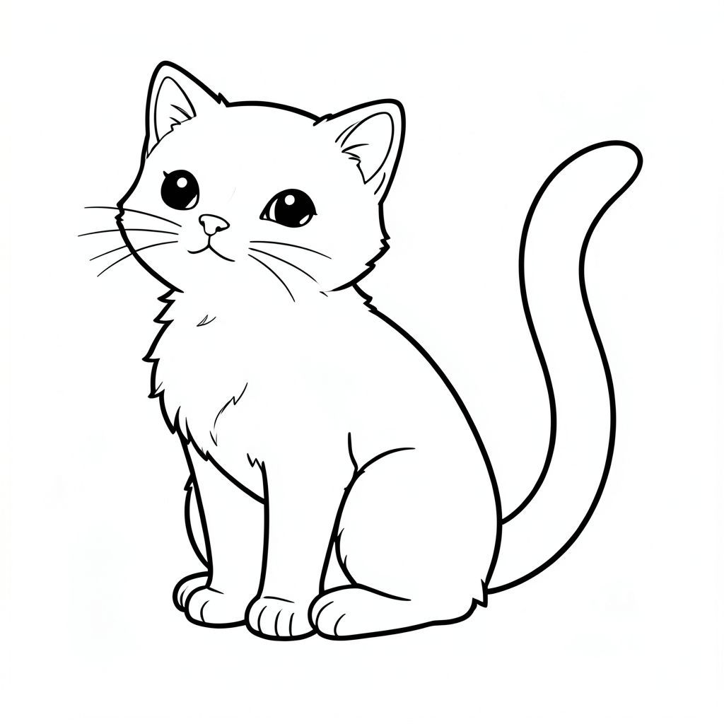Một con mèo nhỏ, lông tơ ngồi thẳng, bàn chân nhét gọn gàng dưới ngực. Bộ lông của nó mềm, với bóng râm tinh tế để tạo chiều sâu. Một đường duy nhất, dày, kéo dài từ lưng mèo, tạo thành một cái đuôi. Đuôi dài và hơi cong, có đầu thoai thoải. Nền là một không gian trắng đơn giản, sạch sẽ, không có bất kỳ chi tiết nào., tranh tô màu đen trắng, phong cách lowbook, nghệ thuật đường nét, đơn sắc, không màu, không bóng, không xám, không tô màu, nền trắng, chỉ phác thảo, phong cách vector, thiết kế phẳng, 2d, chính xác một đuôi duy nhất, hoàn toàn không tô màu đen, nội thất trắng tinh khiết, không có miếng mực, không có văn bản, không có từ,  Không có tiêu đề