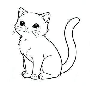 Một con mèo nhỏ, lông tơ ngồi thẳng, bàn chân nhét gọn gàng dưới ngực. Bộ lông của nó mềm, với bóng râm tinh tế để tạo chiều sâu. Một đường duy nhất, dày, kéo dài từ lưng mèo, tạo thành một cái đuôi. Đuôi dài và hơi cong, có đầu thoai thoải. Nền là một không gian trắng đơn giản, sạch sẽ, không có bất kỳ chi tiết nào., tranh tô màu đen trắng, phong cách lowbook, nghệ thuật đường nét, đơn sắc, không màu, không bóng, không xám, không tô màu, nền trắng, chỉ phác thảo, phong cách vector, thiết kế phẳng, 2d, chính xác một đuôi duy nhất, hoàn toàn không tô màu đen, nội thất trắng tinh khiết, không có miếng mực, không có văn bản, không có từ,  Không có tiêu đề
