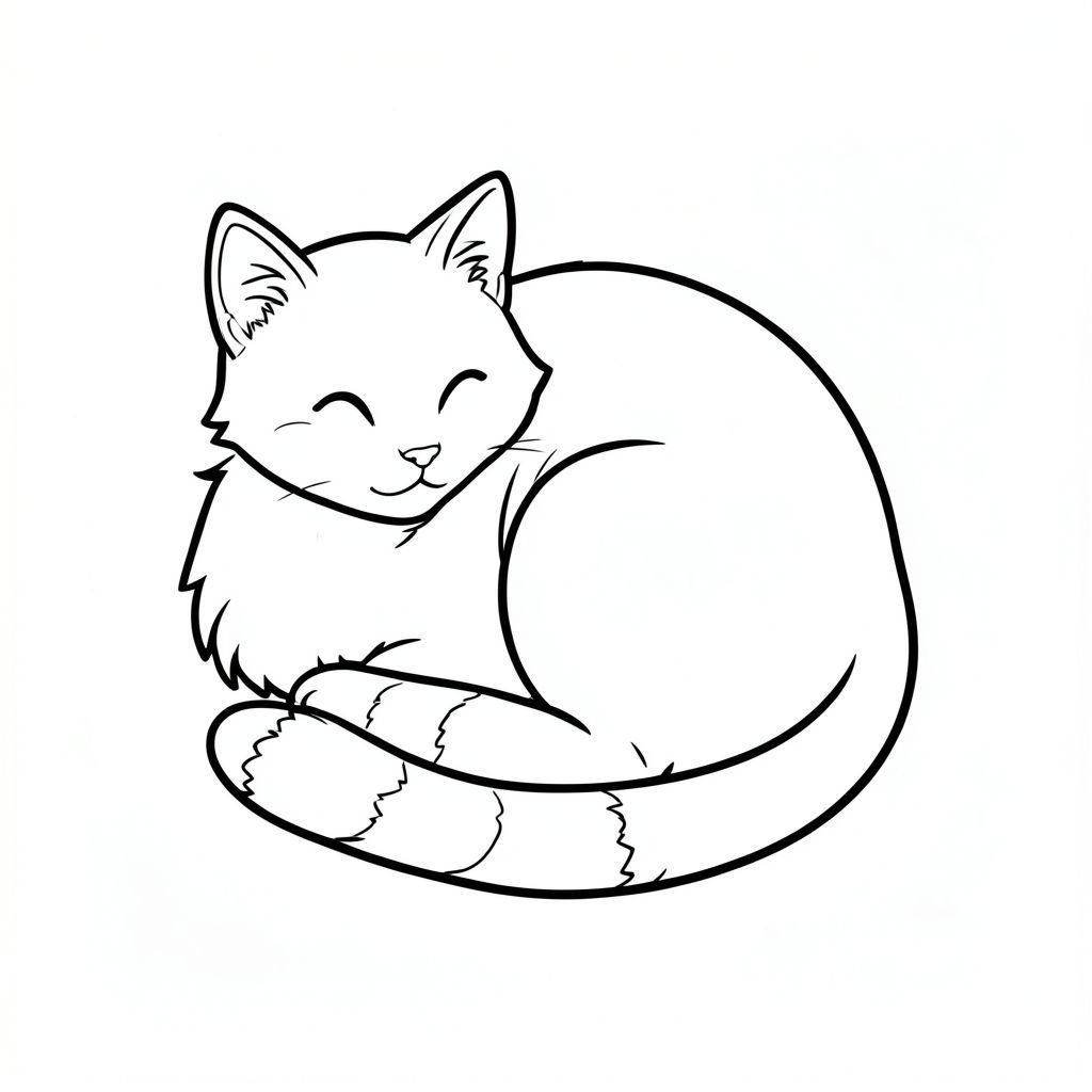 Một con mèo nhỏ nghỉ ngơi, hơi cuộn tròn. Bộ lông của nó mềm, , với những biến thể tinh tế về tông màu. Một cái đuôi duy nhất, thanh lịch kéo dài từ lưng dưới của nó, một chiều dài ngắn, sọc màu trắng. Đuôi có góc cạnh tinh tế, gợi ý một đường cong nhẹ nhàng. Nền là một bức tranh tô màu đen trắng đơn giản, phong cách lowbook, nghệ thuật đường nét, đơn sắc, không màu, không bóng, không xám, không điền, nền trắng, chỉ phác thảo, phong cách vector, thiết kế phẳng, 2d, chính xác một đuôi duy nhất, hoàn toàn không tô màu đen, nội thất trắng tinh khiết, không có miếng mực, không có văn bản, không từ, không có tiêu đề