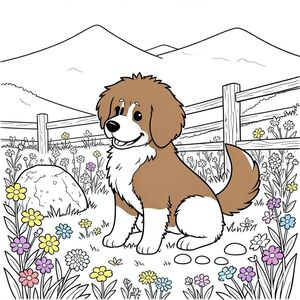 Một chú chó lông tơ với vẻ mặt vui vẻ ngồi trên đồng cỏ ngập tràn ánh nắng. Những bông hoa dại có màu sắc - vàng, tím và xanh lam - bao phủ bãi cỏ rộng lớn. Một tảng đá nhỏ, rêu phong nằm hơi lệch sang trái, cung cấp một điểm nghỉ ngơi. Phía sau, một con dốc thoai thoải dẫn lên một dãy núi xa xôi, mờ mịt. Một hàng rào gỗ phong hóa chạy dọc theo rìa đồng cỏ, che khuất một phần tầm nhìn. Một rải rác những viên đá nhẵn được sắp xếp gần bàn chân của. Bộ lông của có màu sô cô la ấm áp và đuôi của nó có màu gừng. Đuôi được đặt hơi lệch tâm, tạo ra một động lực tinh tế. Hậu cảnh được làm mờ nhẹ nhàng, gợi lên một phong cảnh rộng lớn, bình dị. Ấn tượng tổng thể là một trong những sự yên tĩnh yên bình và vẻ đẹp tự nhiên., tranh tô màu đen trắng, phong cách lowbook, nghệ thuật đường nét, đơn sắc, không màu, không đổ bóng, không xám, không tô màu, nền trắng, chỉ phác thảo, phong cách vector, thiết kế phẳng, 2d, chính xác một đuôi duy nhất, hoàn toàn không tô màu đen, nội thất trắng tinh khiết, không có miếng mực, không văn bản, không từ, không tiêu đề