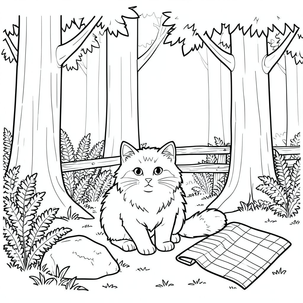 Một con mèo gừng lông tơ ngồi nép mình giữa một lùm cây cao. Ánh sáng mặt trời lọc qua lá, tạo ra các hoa văn lốm đốm trên sàn rừng. Một tảng đá nhỏ, phủ đầy rêu nằm gần bàn chân của con mèo. Một hàng rào gỗ phong hóa chạy dọc theo rìa của hậu cảnh, bị che khuất một phần bởi một mảng dương xỉ dày. Một chiếc chăn sọc duy nhất được phủ một cách thản nhiên bên cạnh con mèo. Đuôi mèo có màu , uốn cong tinh tế ra ngoài. Nền là một nền mềm mại, tắt tiếng, gợi ý bầu trời chạng vạng., tranh tô màu đen trắng, phong cách lowbook, nghệ thuật đường nét, đơn sắc, không màu, không đổ bóng, không xám, không điền, nền trắng, chỉ phác thảo, phong cách vector, thiết kế phẳng, 2d, chính xác một đuôi duy nhất, hoàn toàn không tô màu đen, nội thất trắng tinh khiết, không có miếng mực, không có văn bản, không có từ, không có tiêu đề