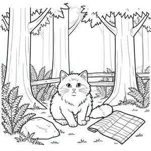 Một con mèo gừng lông tơ ngồi nép mình giữa một lùm cây cao. Ánh sáng mặt trời lọc qua lá, tạo ra các hoa văn lốm đốm trên sàn rừng. Một tảng đá nhỏ, phủ đầy rêu nằm gần bàn chân của con mèo. Một hàng rào gỗ phong hóa chạy dọc theo rìa của hậu cảnh, bị che khuất một phần bởi một mảng dương xỉ dày. Một chiếc chăn sọc duy nhất được phủ một cách thản nhiên bên cạnh con mèo. Đuôi mèo có màu , uốn cong tinh tế ra ngoài. Nền là một nền mềm mại, tắt tiếng, gợi ý bầu trời chạng vạng., tranh tô màu đen trắng, phong cách lowbook, nghệ thuật đường nét, đơn sắc, không màu, không đổ bóng, không xám, không điền, nền trắng, chỉ phác thảo, phong cách vector, thiết kế phẳng, 2d, chính xác một đuôi duy nhất, hoàn toàn không tô màu đen, nội thất trắng tinh khiết, không có miếng mực, không có văn bản, không có từ, không có tiêu đề