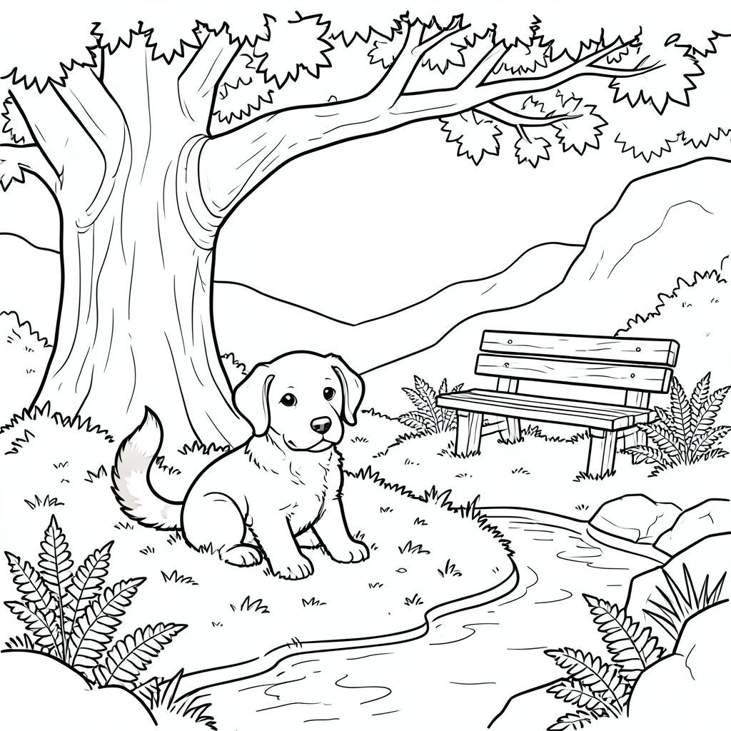 Một chú chó con săn mồi ngồi nép mình trong một lớp rêu bên dưới một cây sồi cổ thụ rộng lớn. Ánh sáng mặt trời xuyên qua những chiếc lá, đổ bóng lốm đốm trên sàn rừng. Một dòng suối nhỏ, uốn lượn chảy gần đó, phản chiếu bầu trời. Một chiếc ghế gỗ bị phong hóa nằm ngay bên kia, bị che khuất một phần bởi dương xỉ. Một cái đuôi bồng bềnh, màu gừng, uốn cong duyên dáng từ phía bên trái của. Hậu cảnh là một sườn đồi sương mù, bị ngắt quãng bởi những mỏm đá. Ấn tượng tổng thể là một trong những sự yên tĩnh yên bình và quyến rũ mộc mạc., tranh tô màu đen trắng, phong cách lowbook, nghệ thuật đường nét, đơn sắc, không màu, không đổ bóng, không xám, không tô màu, nền trắng, chỉ phác thảo, phong cách vector, thiết kế phẳng, 2d, chính xác một đuôi duy nhất, hoàn toàn không tô màu đen, nội thất trắng tinh khiết, không có miếng mực, không văn bản, không từ, không tiêu đề