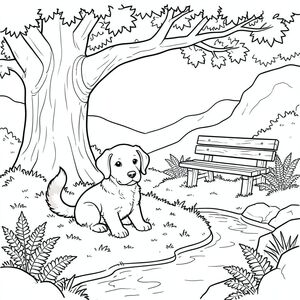 Một chú chó con săn mồi ngồi nép mình trong một lớp rêu bên dưới một cây sồi cổ thụ rộng lớn. Ánh sáng mặt trời xuyên qua những chiếc lá, đổ bóng lốm đốm trên sàn rừng. Một dòng suối nhỏ, uốn lượn chảy gần đó, phản chiếu bầu trời. Một chiếc ghế gỗ bị phong hóa nằm ngay bên kia, bị che khuất một phần bởi dương xỉ. Một cái đuôi bồng bềnh, màu gừng, uốn cong duyên dáng từ phía bên trái của. Hậu cảnh là một sườn đồi sương mù, bị ngắt quãng bởi những mỏm đá. Ấn tượng tổng thể là một trong những sự yên tĩnh yên bình và quyến rũ mộc mạc., tranh tô màu đen trắng, phong cách lowbook, nghệ thuật đường nét, đơn sắc, không màu, không đổ bóng, không xám, không tô màu, nền trắng, chỉ phác thảo, phong cách vector, thiết kế phẳng, 2d, chính xác một đuôi duy nhất, hoàn toàn không tô màu đen, nội thất trắng tinh khiết, không có miếng mực, không văn bản, không từ, không tiêu đề