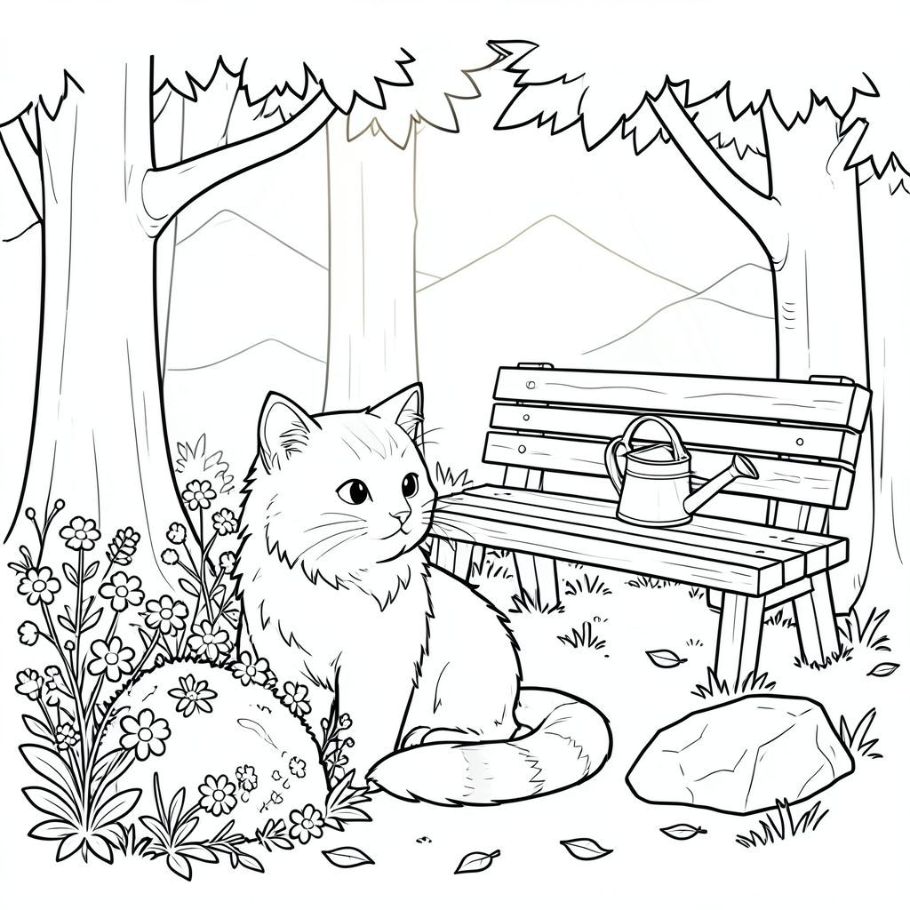 Một con mèo gừng lông tơ ngồi nép mình giữa một cụm cây. Ánh sáng mặt trời lọc xuống qua lá, tạo ra ánh sáng ấm áp. Một tảng đá nhỏ, phủ đầy rêu nằm gần đó, bị che khuất một phần bởi một mớ hoa dại. Một chiếc ghế gỗ mộc mạc được đặt phía sau con mèo một chút, mang đến một vị trí thuận lợi thoải mái. Một bình tưới nhỏ, cổ nằm trên băng ghế, phản ánh . Một vài chiếc lá rải rác thêm vào nền rừng. Đuôi mèo dài, sọc trắng với màu sắc tinh tế. Nền là một ấn tượng mờ mịt, hơi mờ của một dãy núi ở phía xa, được hiển thị bằng các sắc thái của và., trang tô màu đen trắng, phong cách lowbook, nghệ thuật đường nét, đơn sắc, không màu, không bóng, không xám, không tô màu, nền trắng, chỉ phác thảo, phong cách vector, thiết kế phẳng, 2d, chính xác một đuôi duy nhất, hoàn toàn không tô màu đen, nội thất trắng tinh khiết,  không có miếng mực vá mực, không văn bản, không từ, không tiêu đề