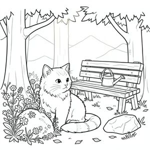 Một con mèo gừng lông tơ ngồi nép mình giữa một cụm cây. Ánh sáng mặt trời lọc xuống qua lá, tạo ra ánh sáng ấm áp. Một tảng đá nhỏ, phủ đầy rêu nằm gần đó, bị che khuất một phần bởi một mớ hoa dại. Một chiếc ghế gỗ mộc mạc được đặt phía sau con mèo một chút, mang đến một vị trí thuận lợi thoải mái. Một bình tưới nhỏ, cổ nằm trên băng ghế, phản ánh . Một vài chiếc lá rải rác thêm vào nền rừng. Đuôi mèo dài, sọc trắng với màu sắc tinh tế. Nền là một ấn tượng mờ mịt, hơi mờ của một dãy núi ở phía xa, được hiển thị bằng các sắc thái của và., trang tô màu đen trắng, phong cách lowbook, nghệ thuật đường nét, đơn sắc, không màu, không bóng, không xám, không tô màu, nền trắng, chỉ phác thảo, phong cách vector, thiết kế phẳng, 2d, chính xác một đuôi duy nhất, hoàn toàn không tô màu đen, nội thất trắng tinh khiết,  không có miếng mực vá mực, không văn bản, không từ, không tiêu đề