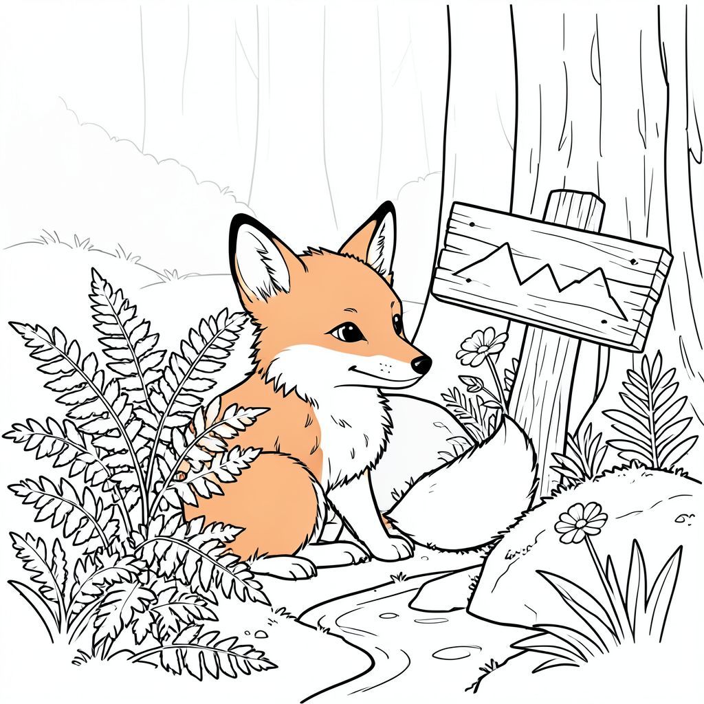 Một con cáo nhỏ, lông tơ ngồi nép mình giữa một cụm dương xỉ. Ánh sáng mặt trời chiếu qua lá, tạo ra ánh sáng ấm áp. Một tảng đá rêu phong nằm hơi phía sau nó, che khuất một phần một dòng suối nhỏ, quanh co. Một bảng hiệu gỗ phong hóa, mô tả một dãy núi đơn giản, dựa vào một thân cây gần đó. Một bông hoa dại đơn lẻ, mỏng manh - một bông hoa - được đặt gần bàn chân của cáo. Nền là một nền mềm, mờ , gợi ý một sàn rừng. Bộ lông của cáo ấm áp, hơi đỏ, và đuôi của nó là một bộ lông trắng mịn. Toàn bộ khung cảnh được hiển thị với chi tiết tỉ mỉ, nhấn mạnh vào những tán lá và các đặc điểm tinh tế của cáo., tranh tô màu đen trắng, phong cách lowbook, nghệ thuật đường nét, đơn sắc, không màu, không bóng, không xám, không tô màu, nền trắng, chỉ phác thảo, phong cách vector, thiết kế phẳng, 2d, chính xác một đuôi đơn, hoàn toàn không tô màu đen, nội thất trắng tinh khiết, không có miếng mực,  Không văn bản, không từ, không tiêu đề